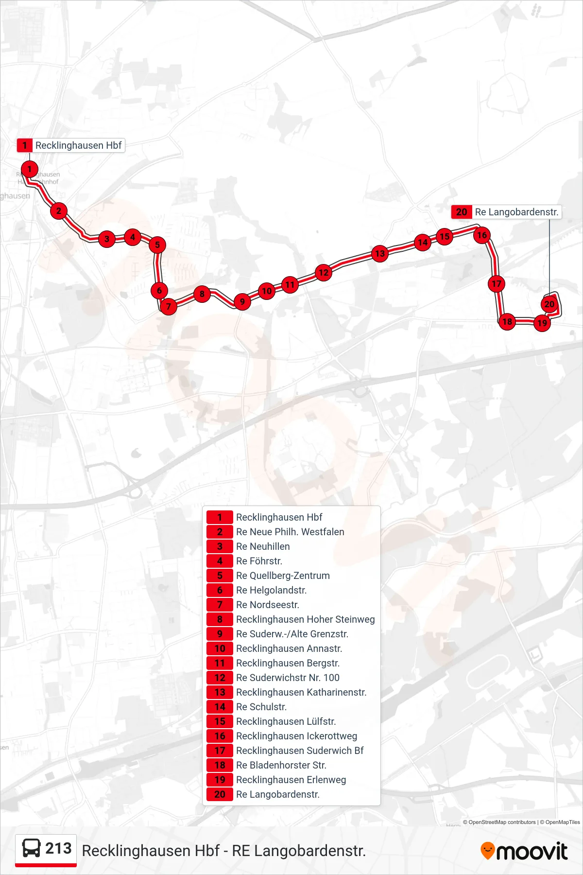Linie 213 (Bus) Richtung Re Langobardenstr.: Route und Haltestellen auf der Karte