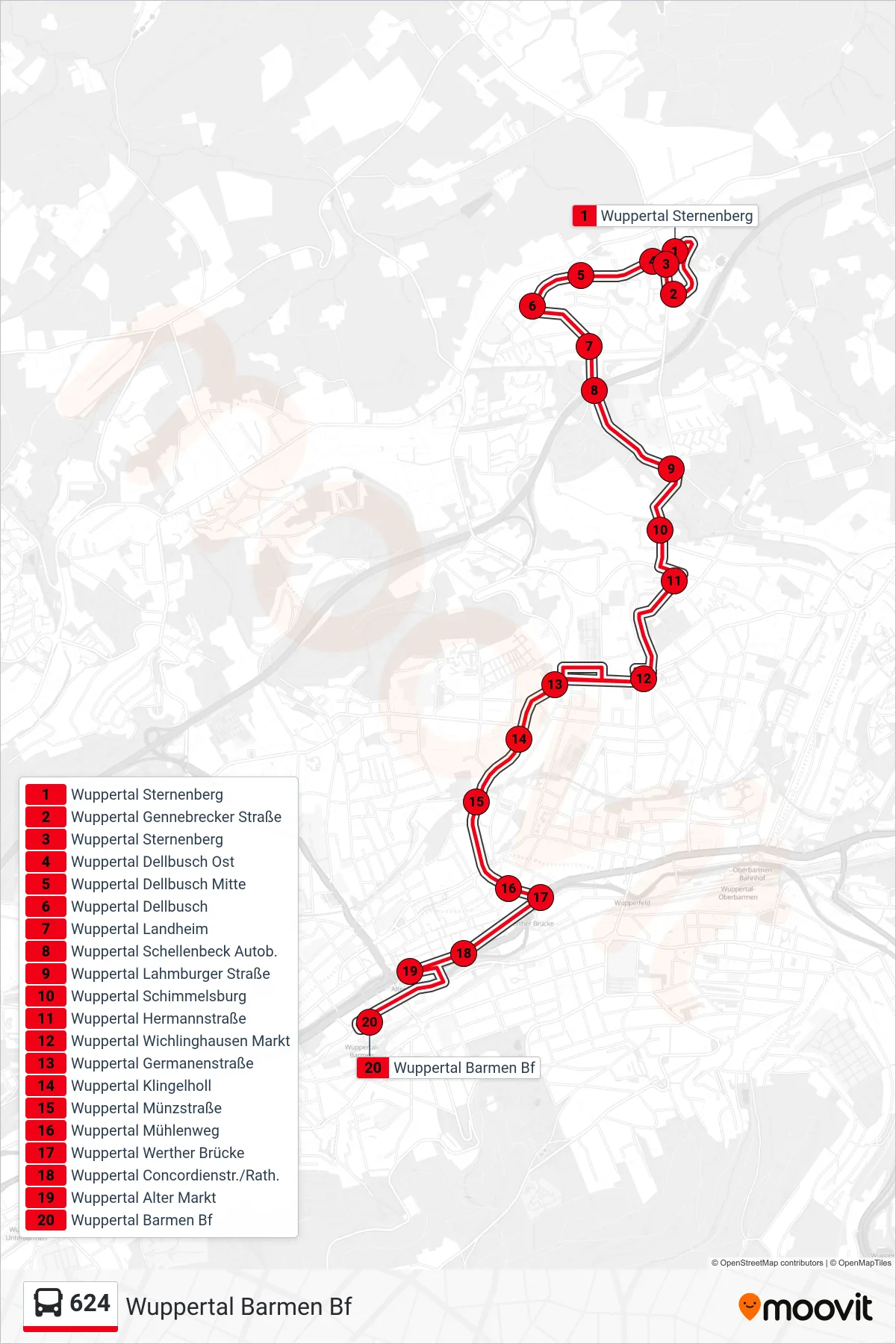 Linie 624 (Bus) Richtung Wuppertal Barmen Bf: Route und Haltestellen auf der Karte