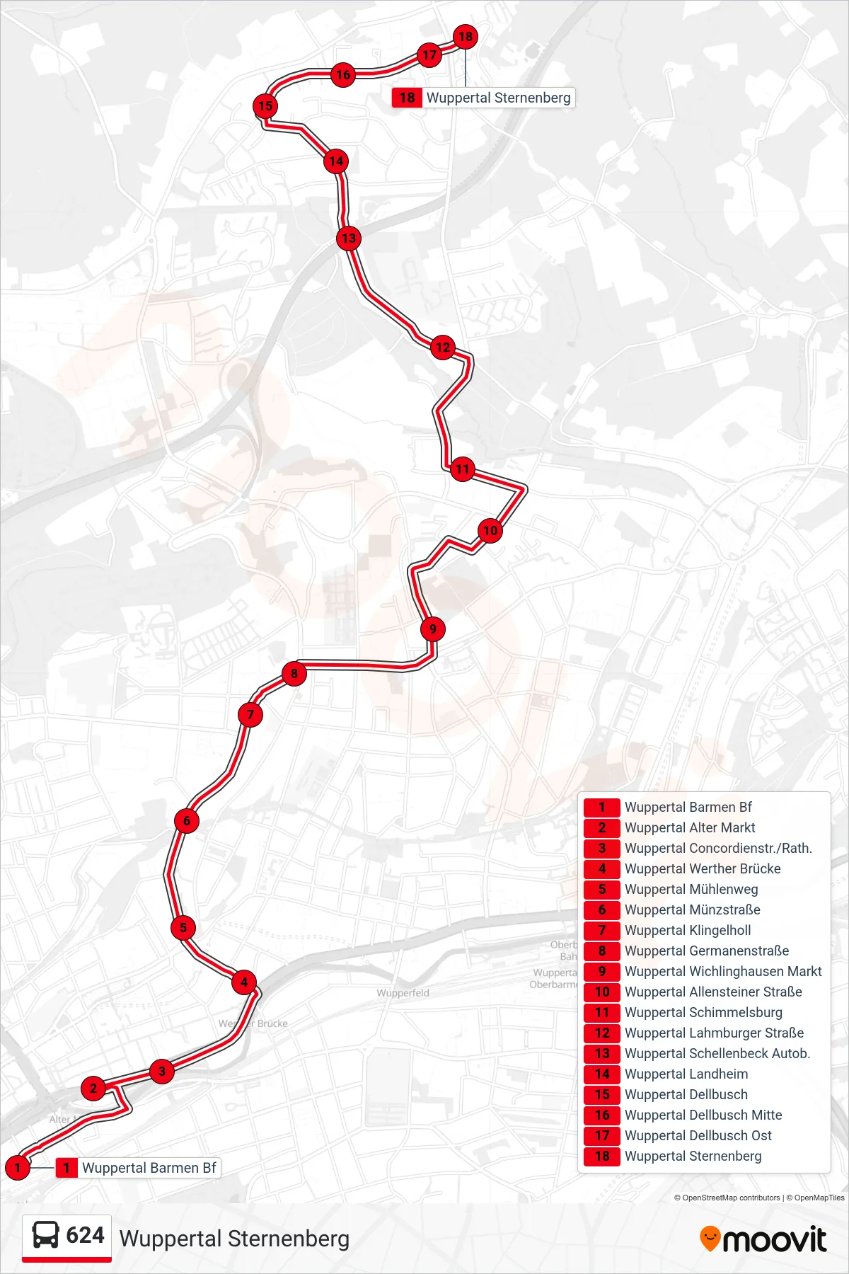 Linie 624 (Bus) Richtung Wuppertal Sternenberg: Route und Haltestellen auf der Karte