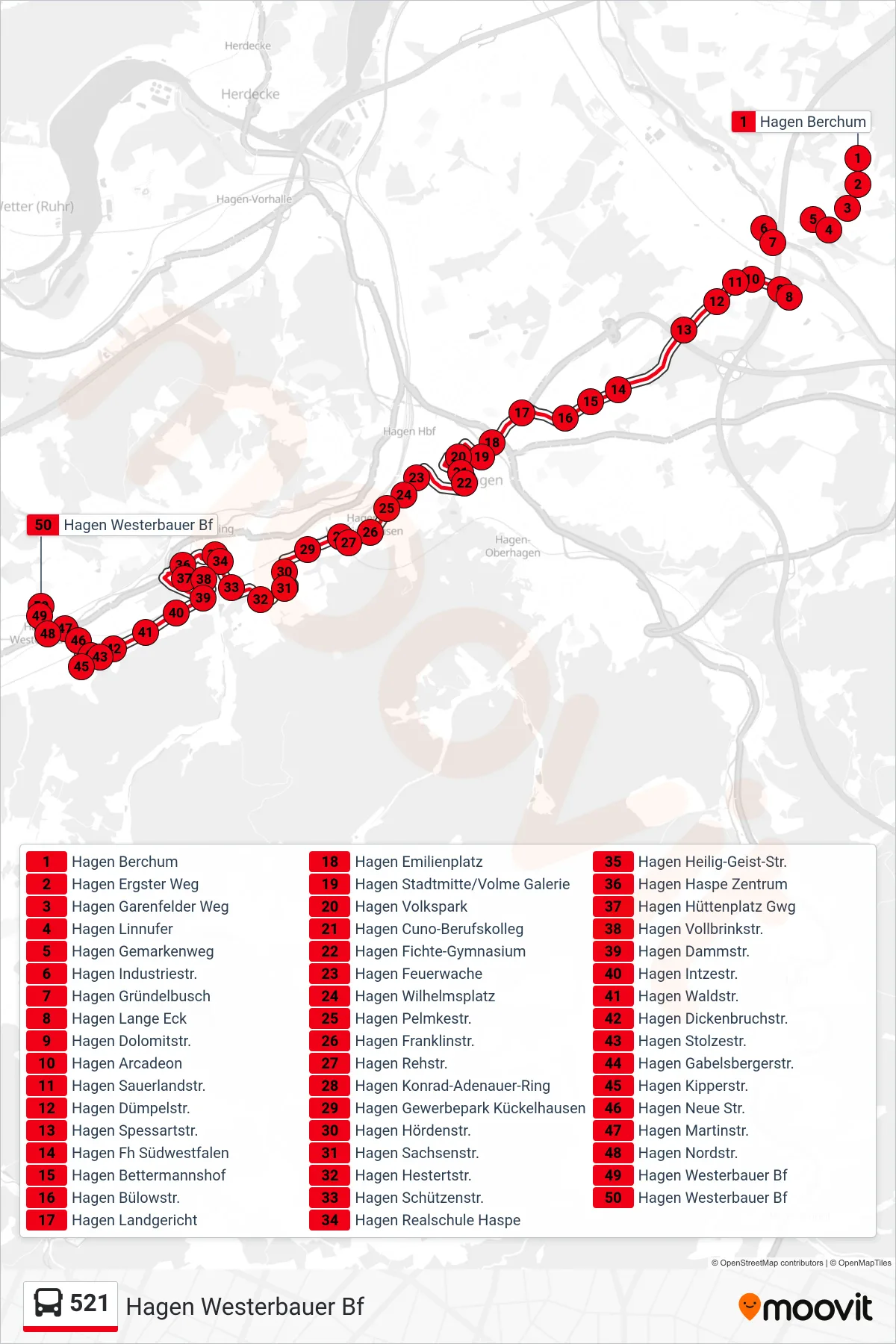 Linie 521 (Bus) Richtung Hagen Westerbauer Bf: Route und Haltestellen auf der Karte