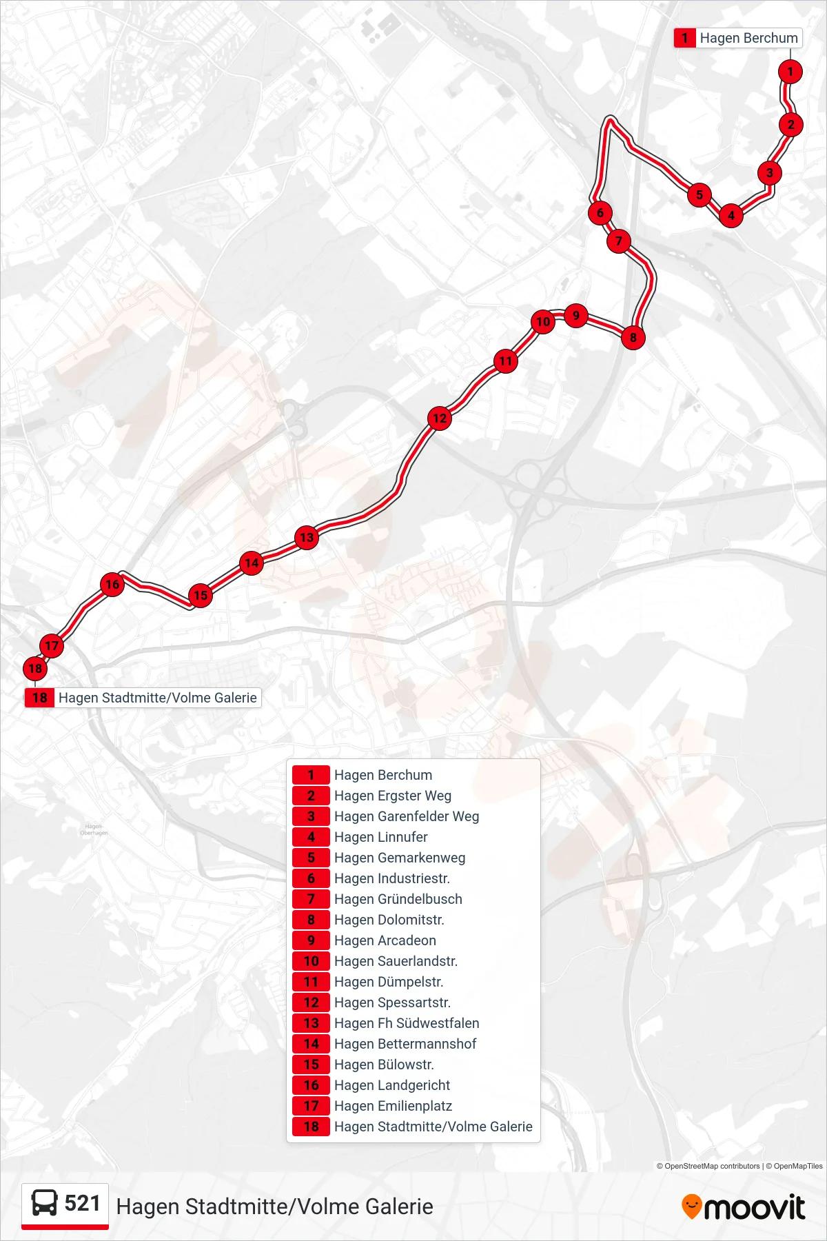Linie 521 (Bus) Richtung Hagen Stadtmitte/Volme Galerie: Route und Haltestellen auf der Karte