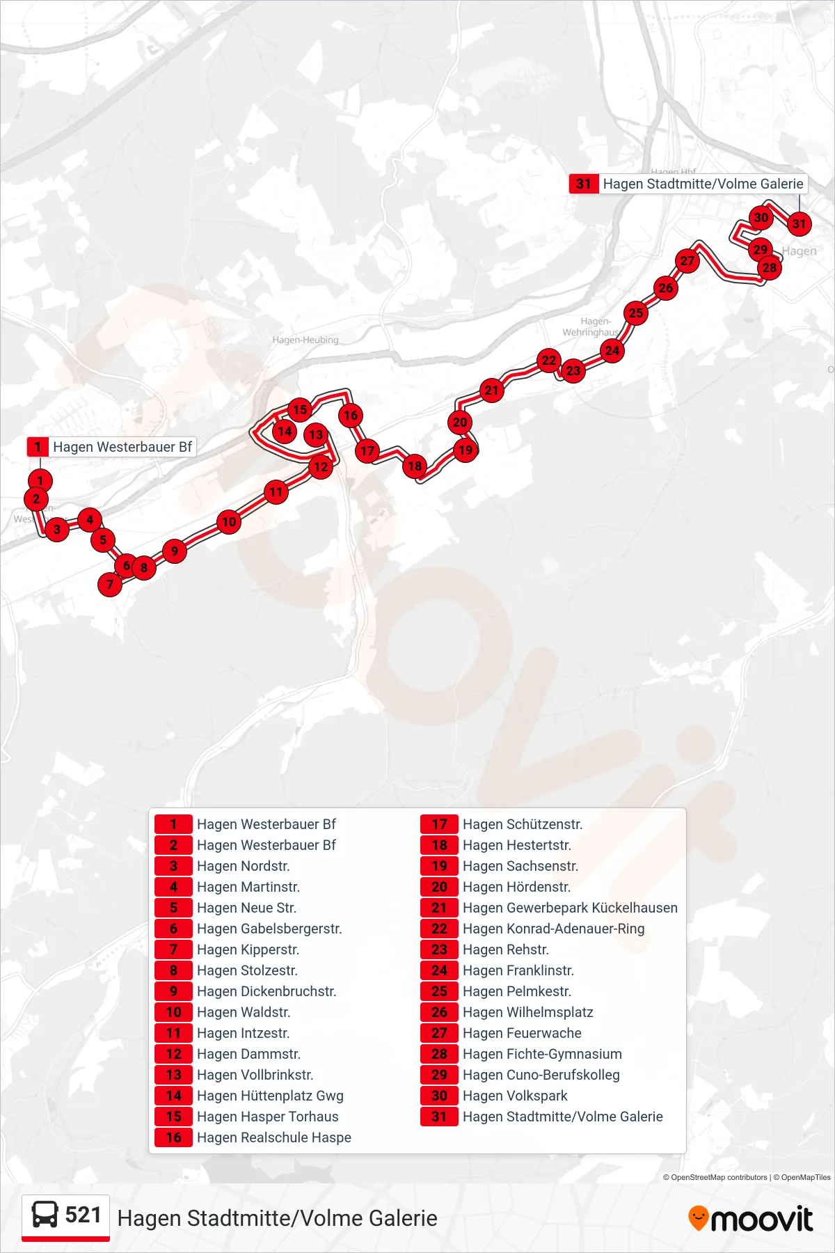 Linie 521 (Bus) Richtung Hagen Stadtmitte/Volme Galerie: Route und Haltestellen auf der Karte