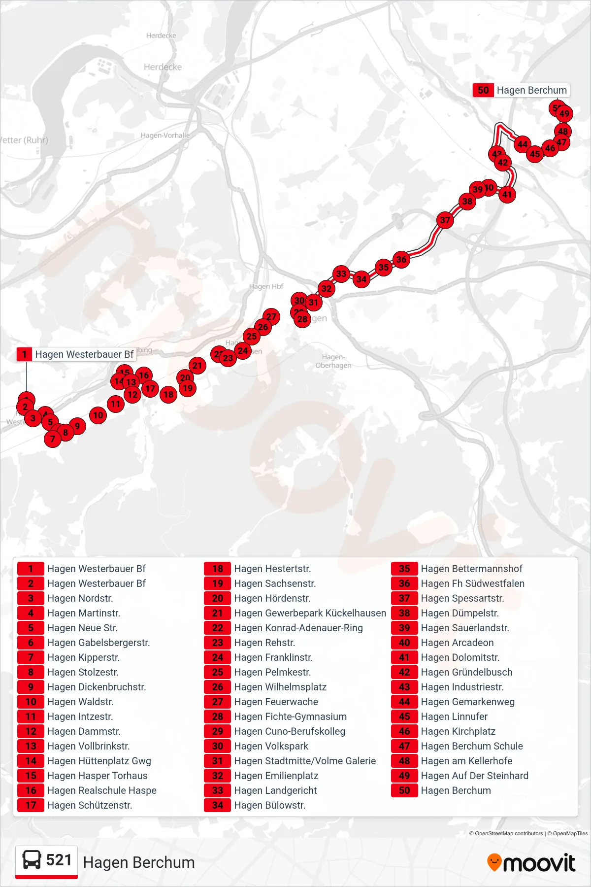 Linie 521 (Bus) Richtung Hagen Berchum: Route und Haltestellen auf der Karte