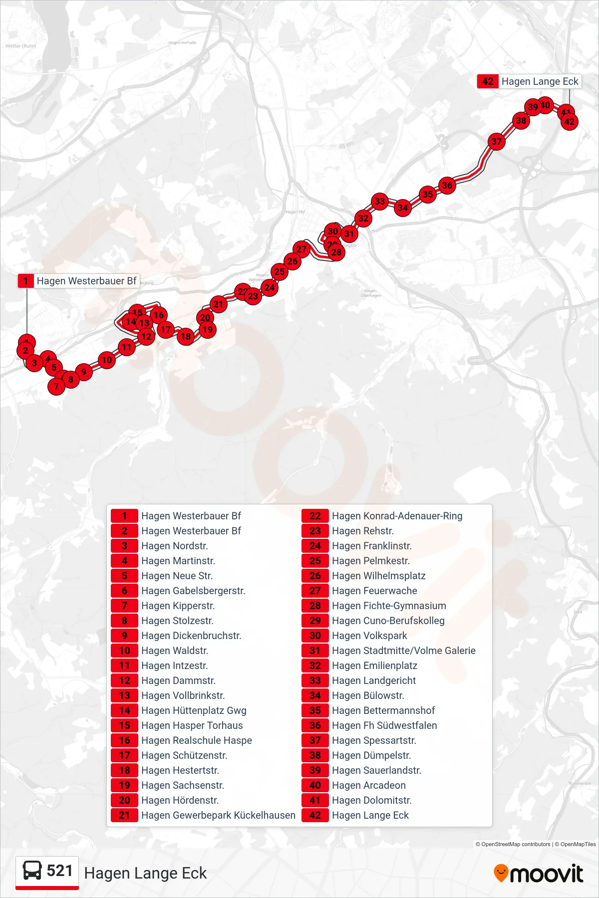 521 bus Line (Hagen Lange Eck) route and stops on a map