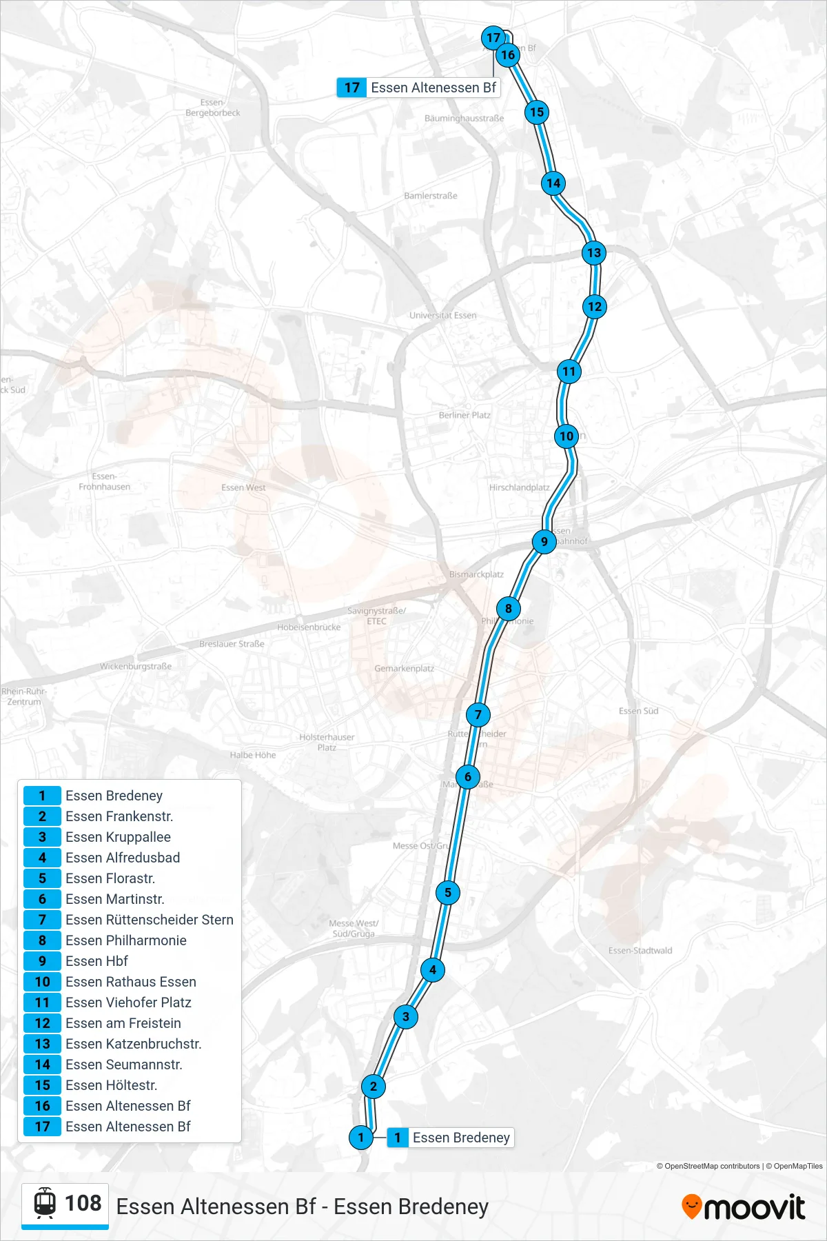108 light rail Line (Essen Altenessen Bf) route and stops on a map