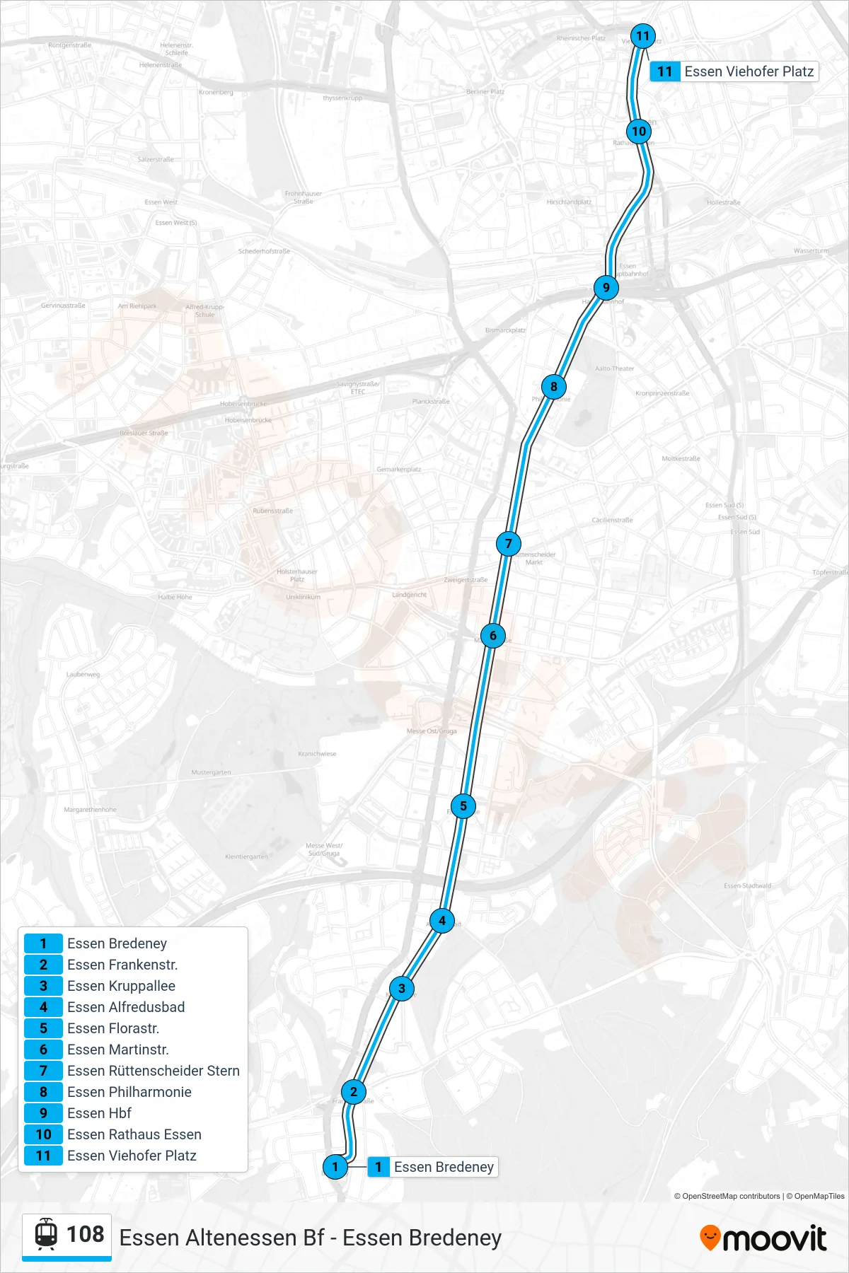 Linie 108 (Straßenbahn) Richtung Essen Viehofer Platz: Route und Haltestellen auf der Karte