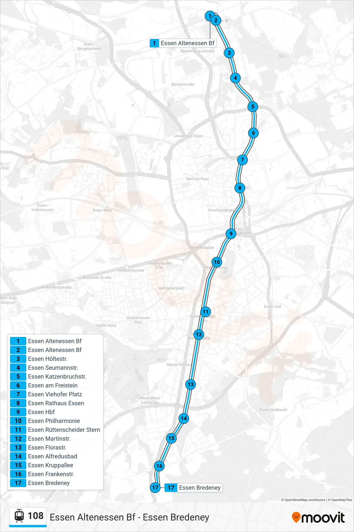 108 tram Line (Essen Bredeney) route and stops on a map