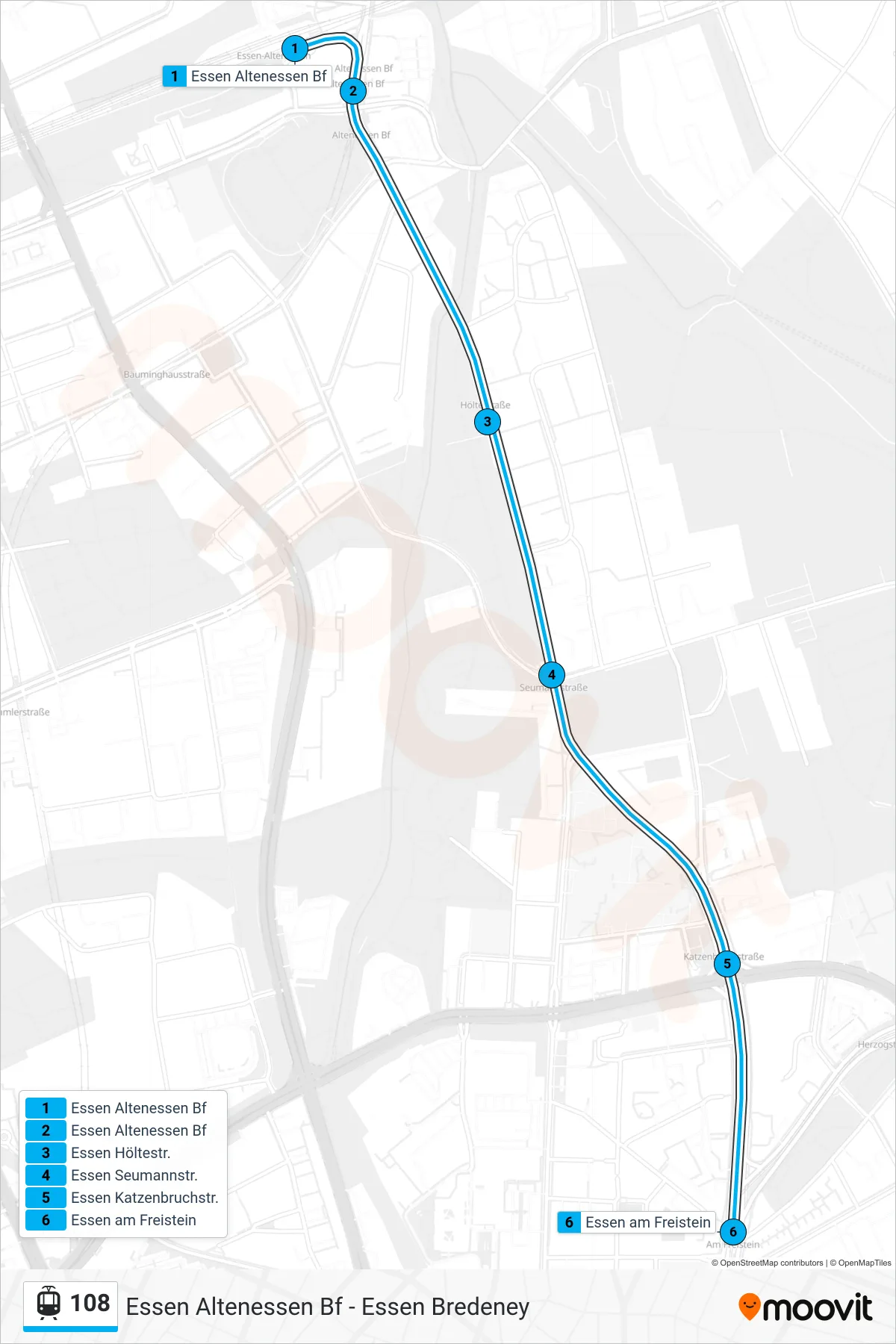 Linie 108 (Straßenbahn) Richtung Essen am Freistein: Route und Haltestellen auf der Karte