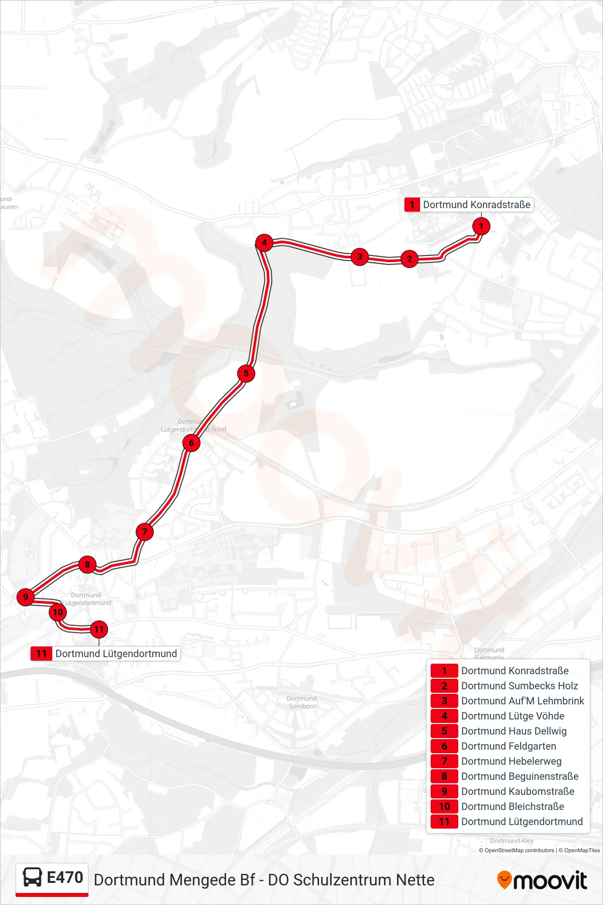 E470 bus Line (Dortmund Lütgendortmund) route and stops on a map