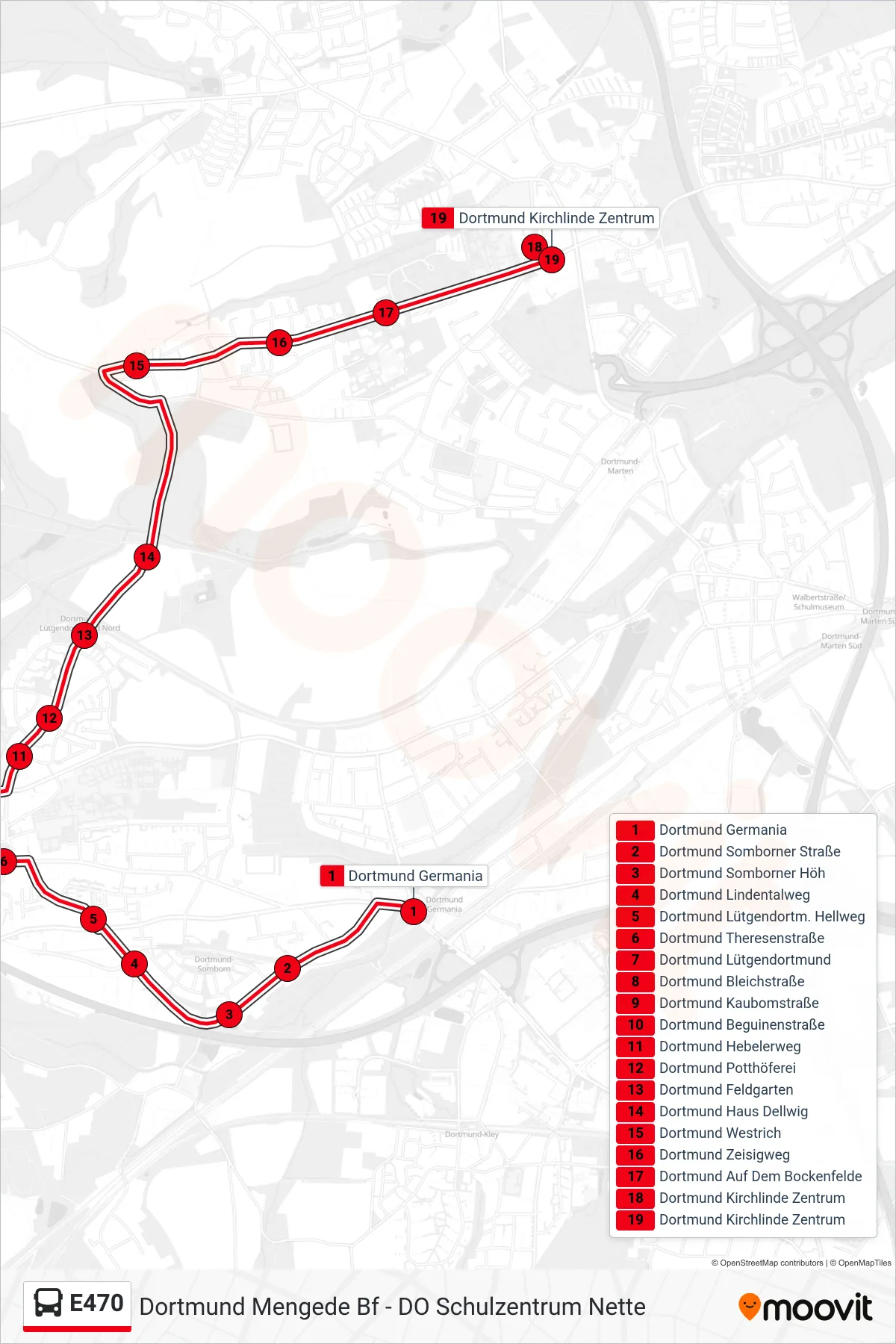 Linie E470 (Bus) Richtung Dortmund Kirchlinde Zentrum: Route und Haltestellen auf der Karte