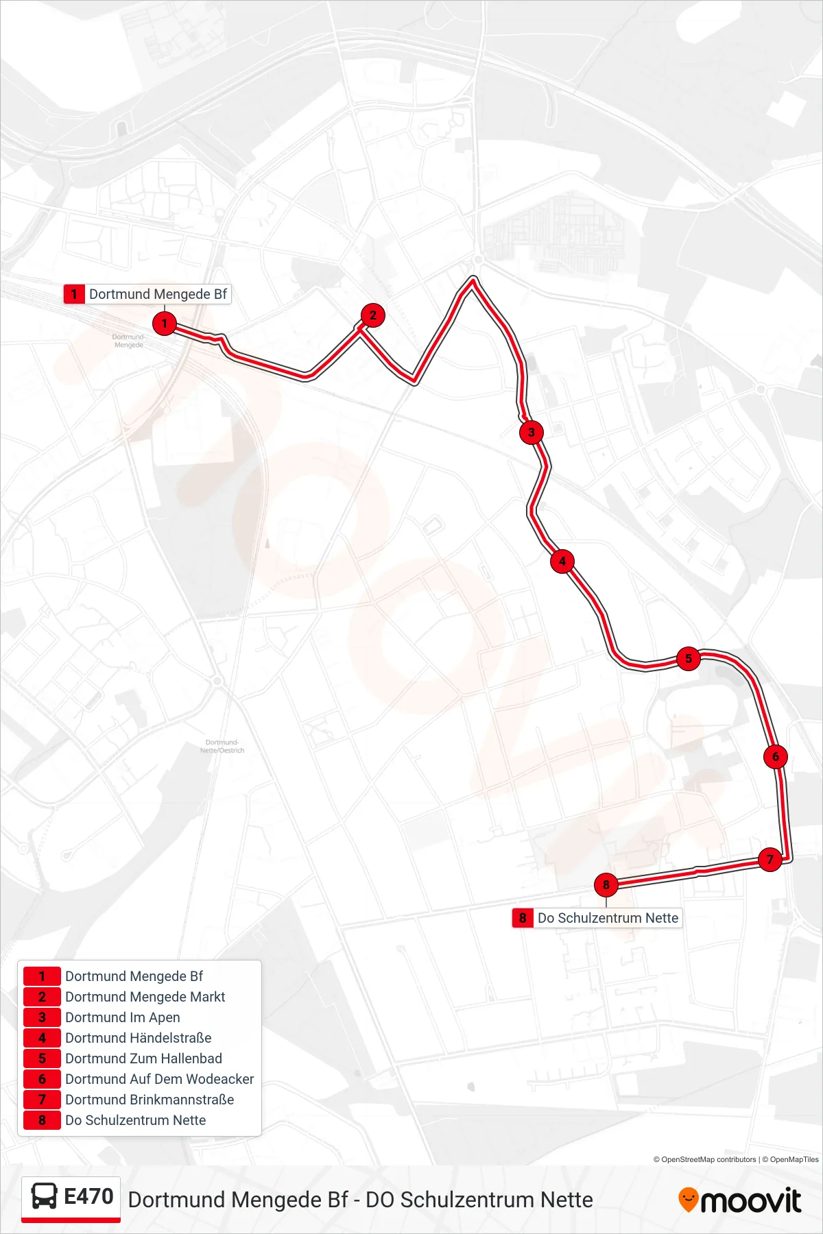 Linie E470 (Bus) Richtung Do Schulzentrum Nette: Route und Haltestellen auf der Karte