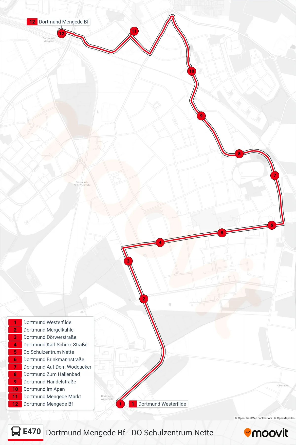 Linie E470 (Bus) Richtung Dortmund Mengede Bf: Route und Haltestellen auf der Karte