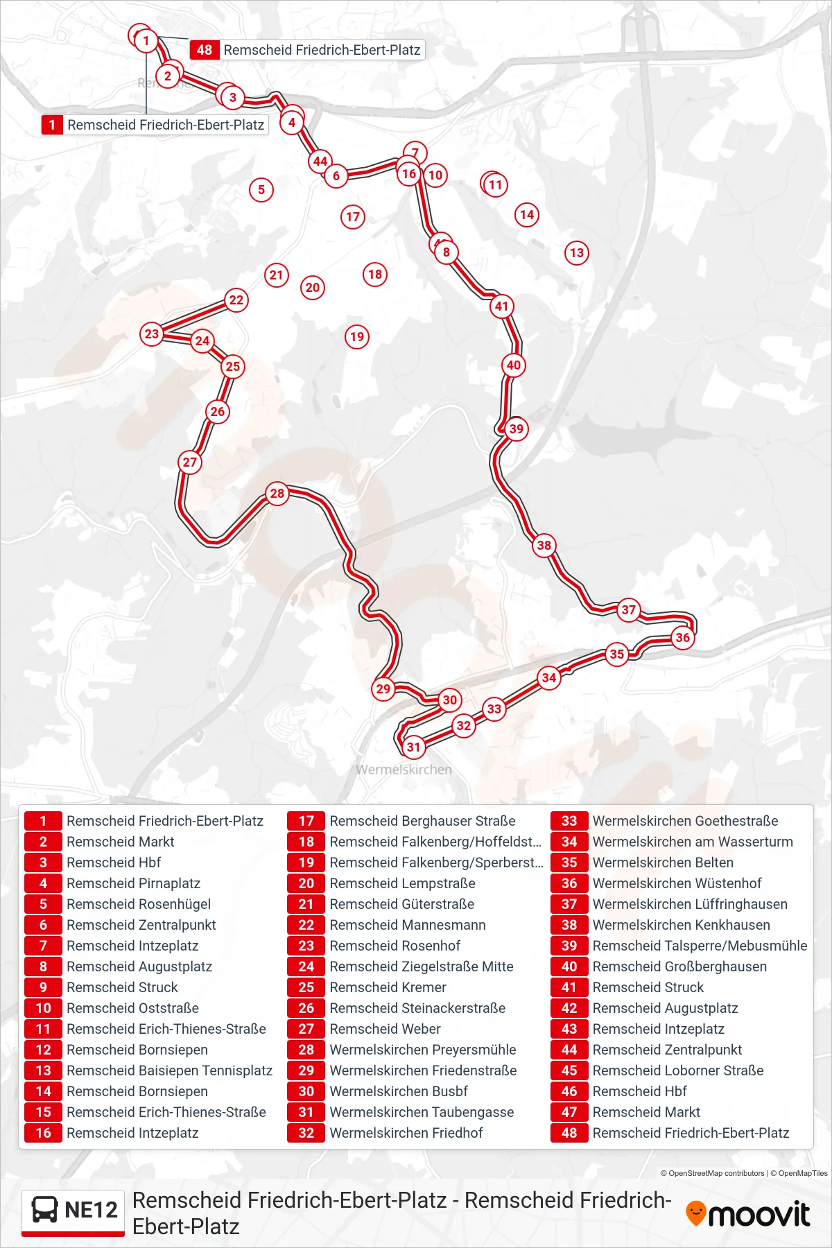 NE12 bus Line (Remscheid Friedrich-Ebert-Platz) route and stops on a map