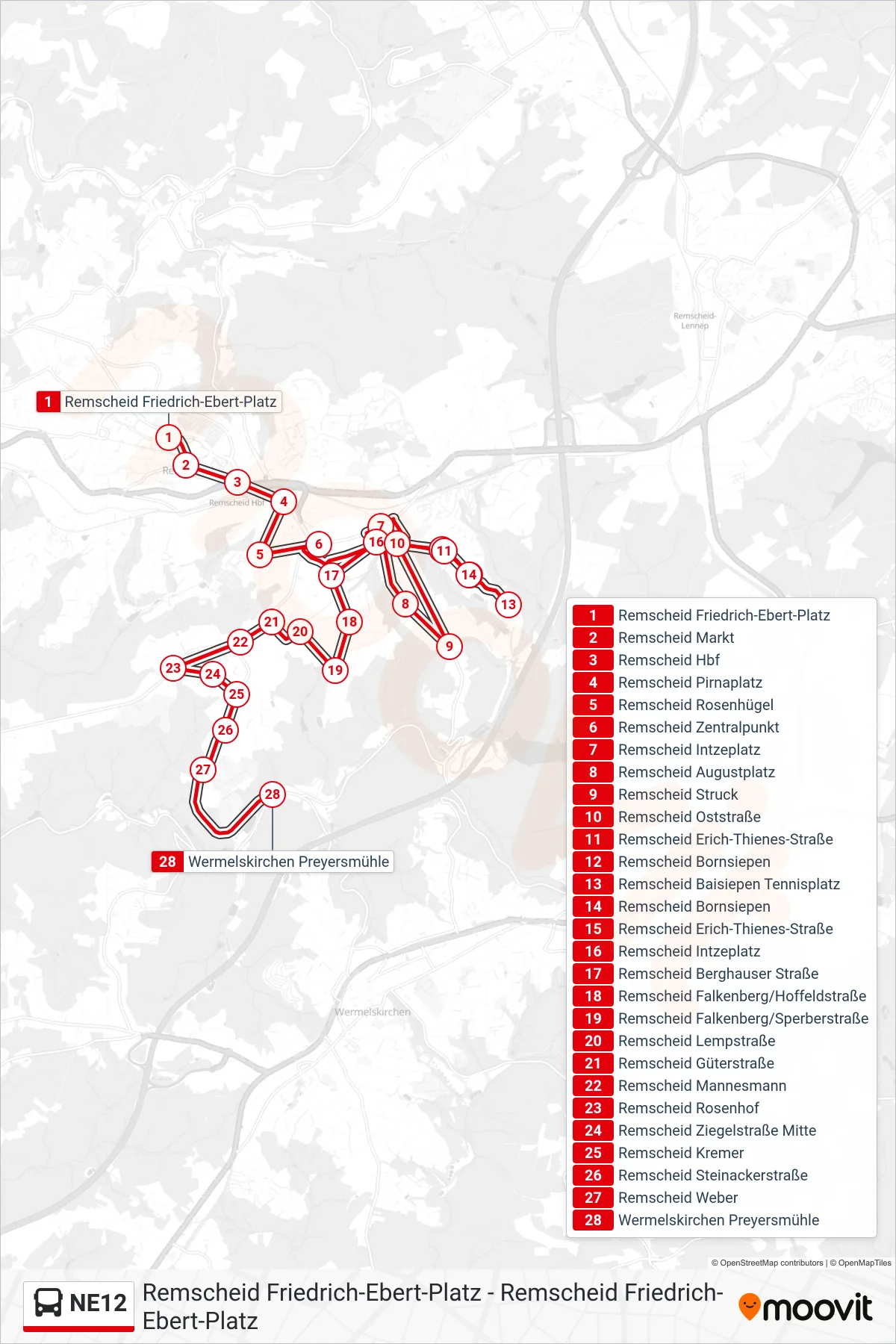 Linie NE12 (Bus) Richtung Wermelskirchen Preyersmühle: Route und Haltestellen auf der Karte