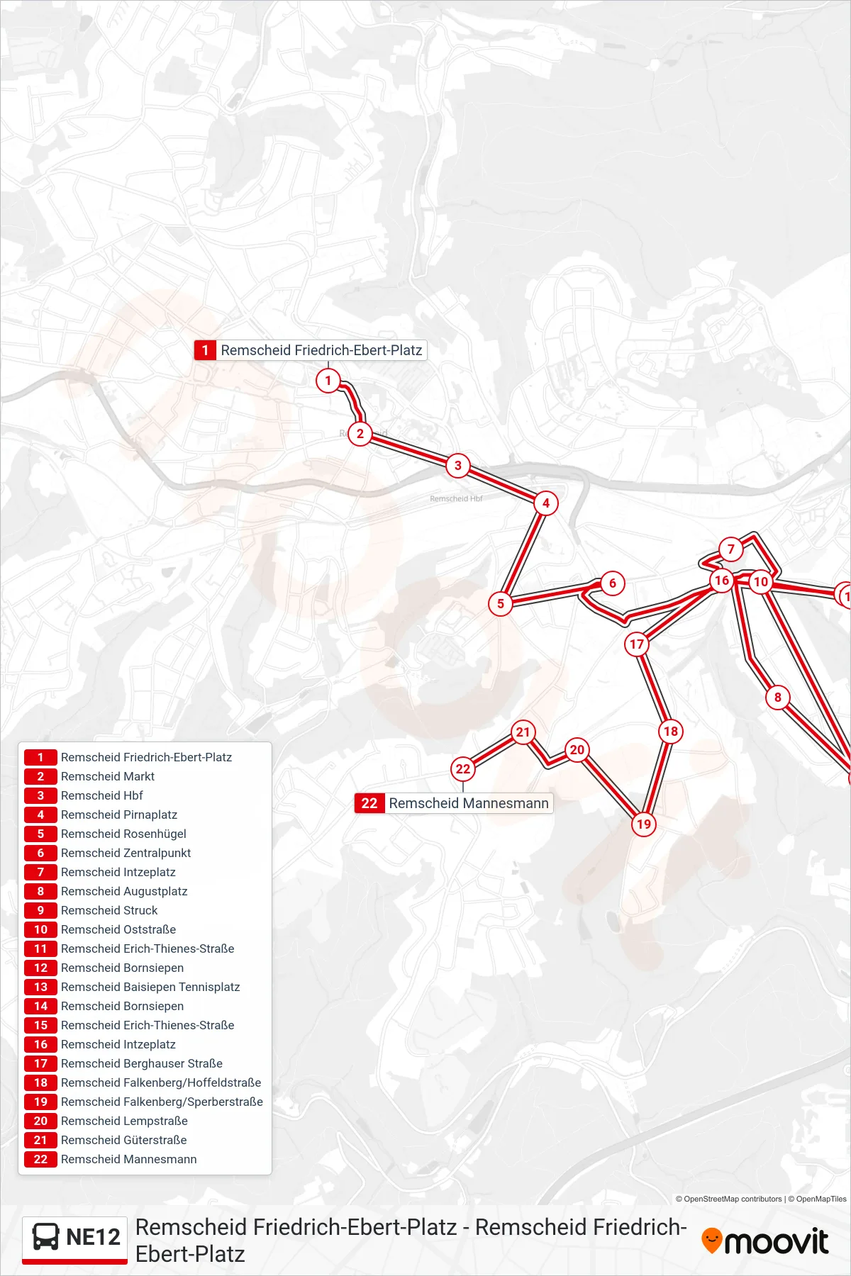 NE12 bus Line (Remscheid Mannesmann) route and stops on a map
