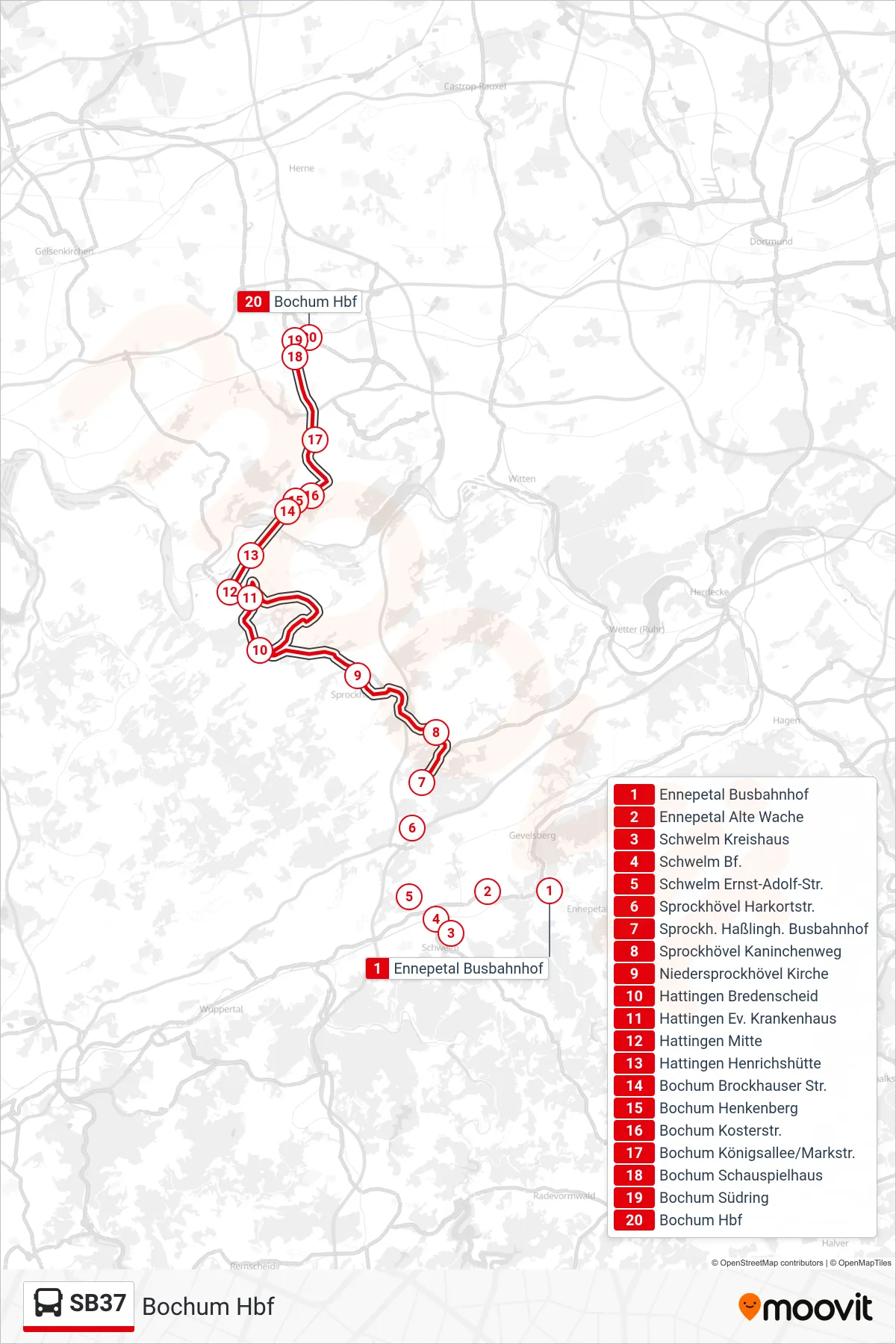 SB37 bus Line (Bochum Hbf) route and stops on a map