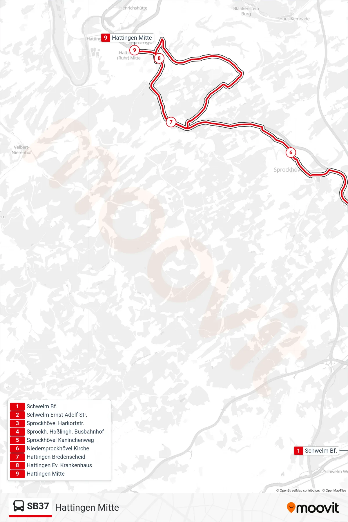 Linie SB37 (Bus) Richtung Hattingen Mitte: Route und Haltestellen auf der Karte