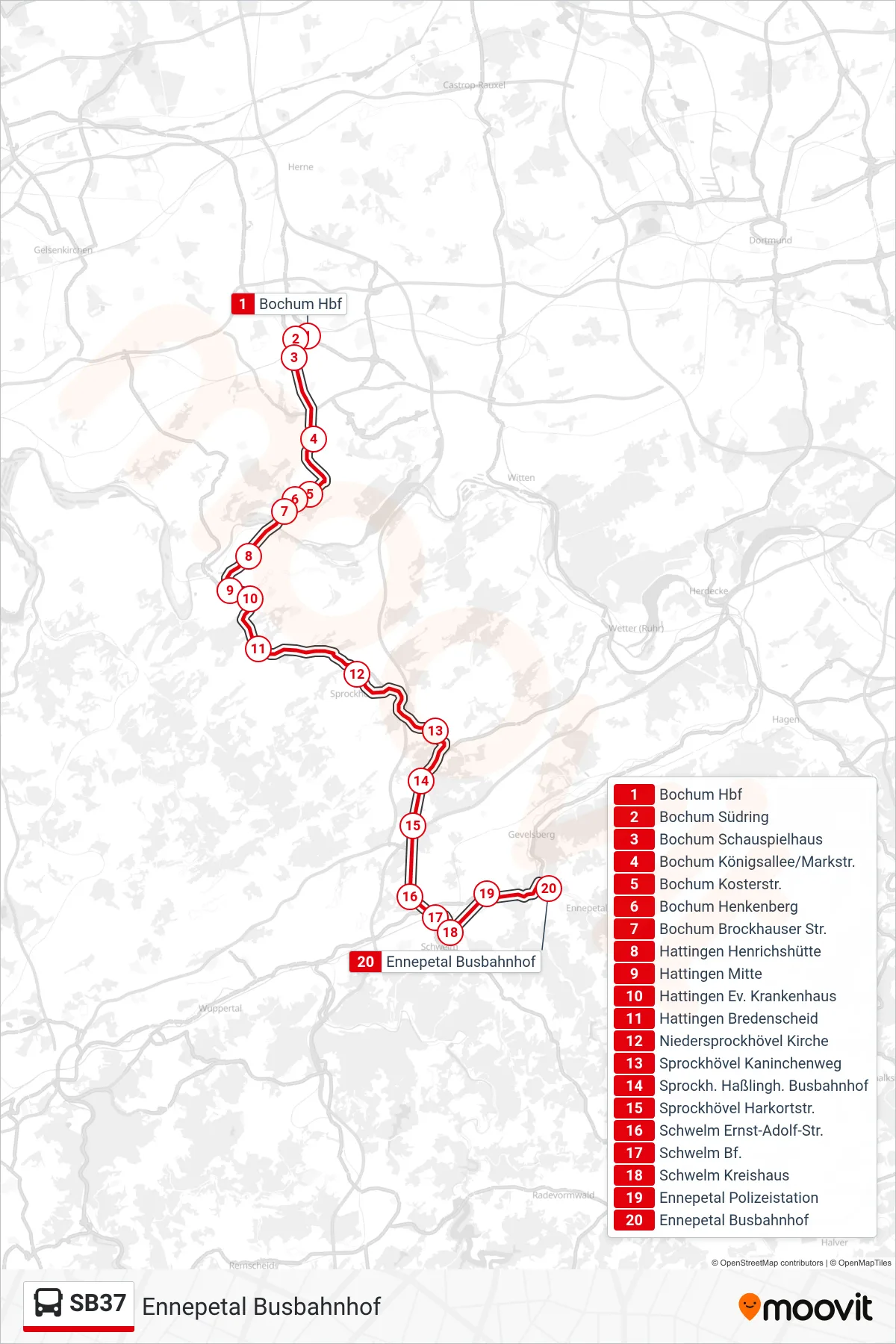 Linie SB37 (Bus) Richtung Ennepetal Busbahnhof: Route und Haltestellen auf der Karte