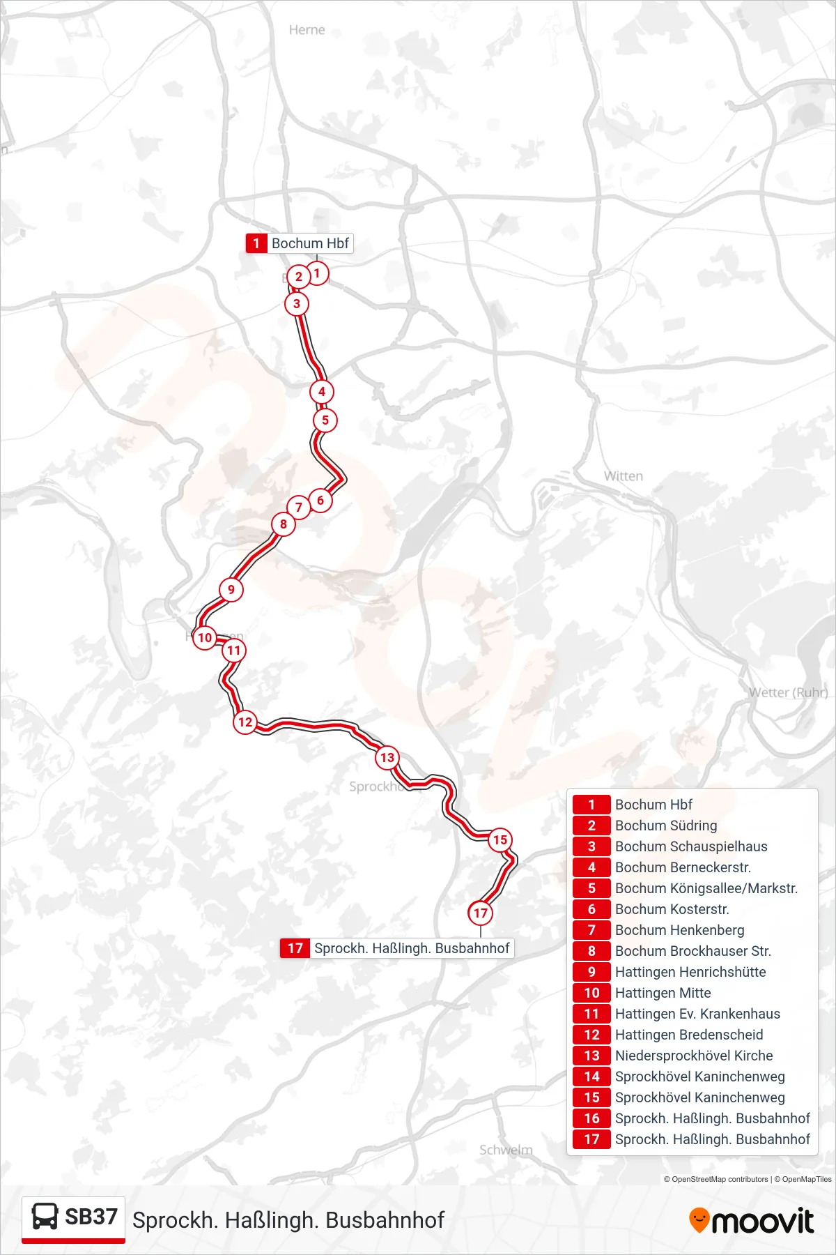 Linie SB37 (Bus) Richtung Sprockh. Haßlingh. Busbahnhof: Route und Haltestellen auf der Karte