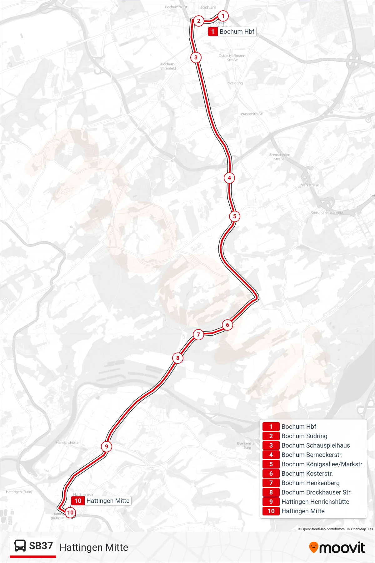 Linie SB37 (Bus) Richtung Hattingen Mitte: Route und Haltestellen auf der Karte