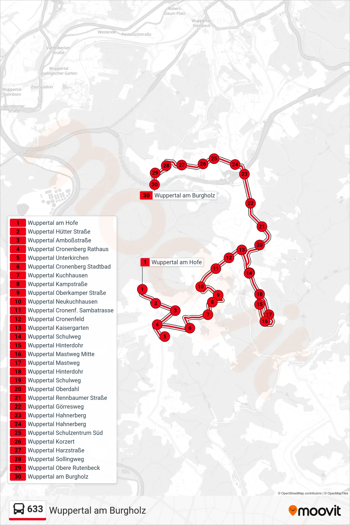 Linie 633 (Bus) Richtung Wuppertal am Burgholz: Route und Haltestellen auf der Karte