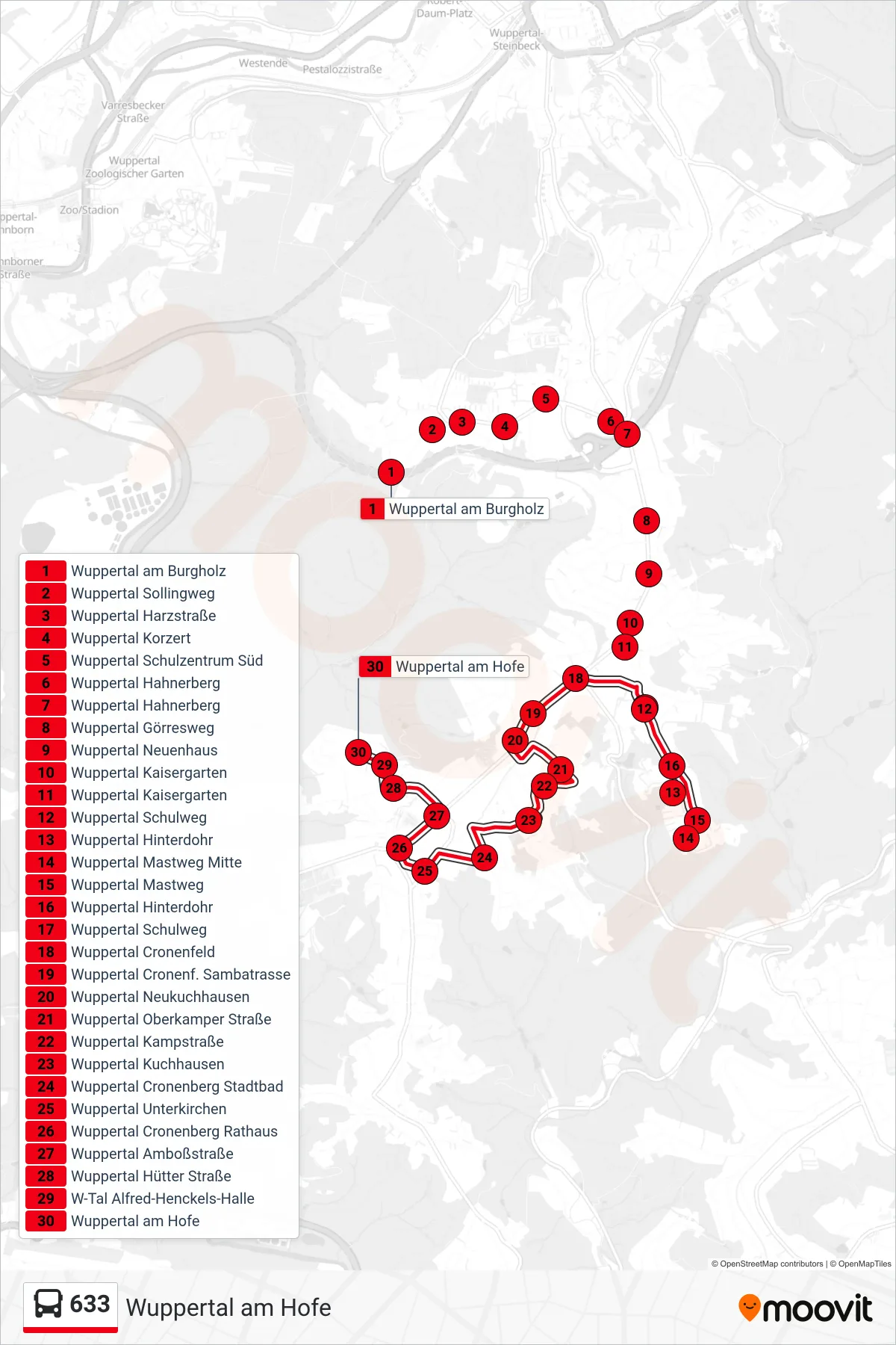 Linie 633 (Bus) Richtung Wuppertal am Hofe: Route und Haltestellen auf der Karte
