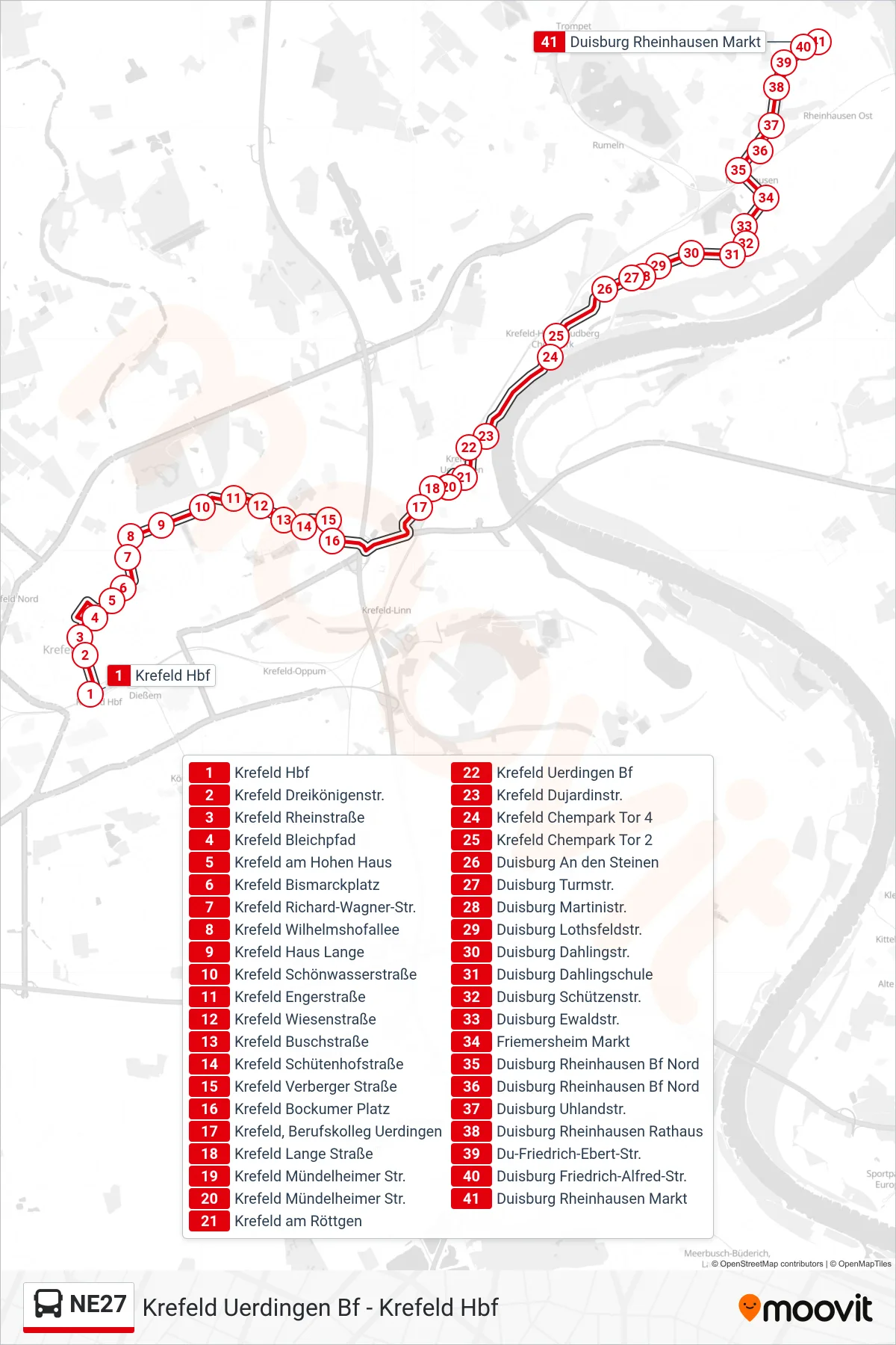 NE27 bus Line (Duisburg Rheinhausen Markt) route and stops on a map