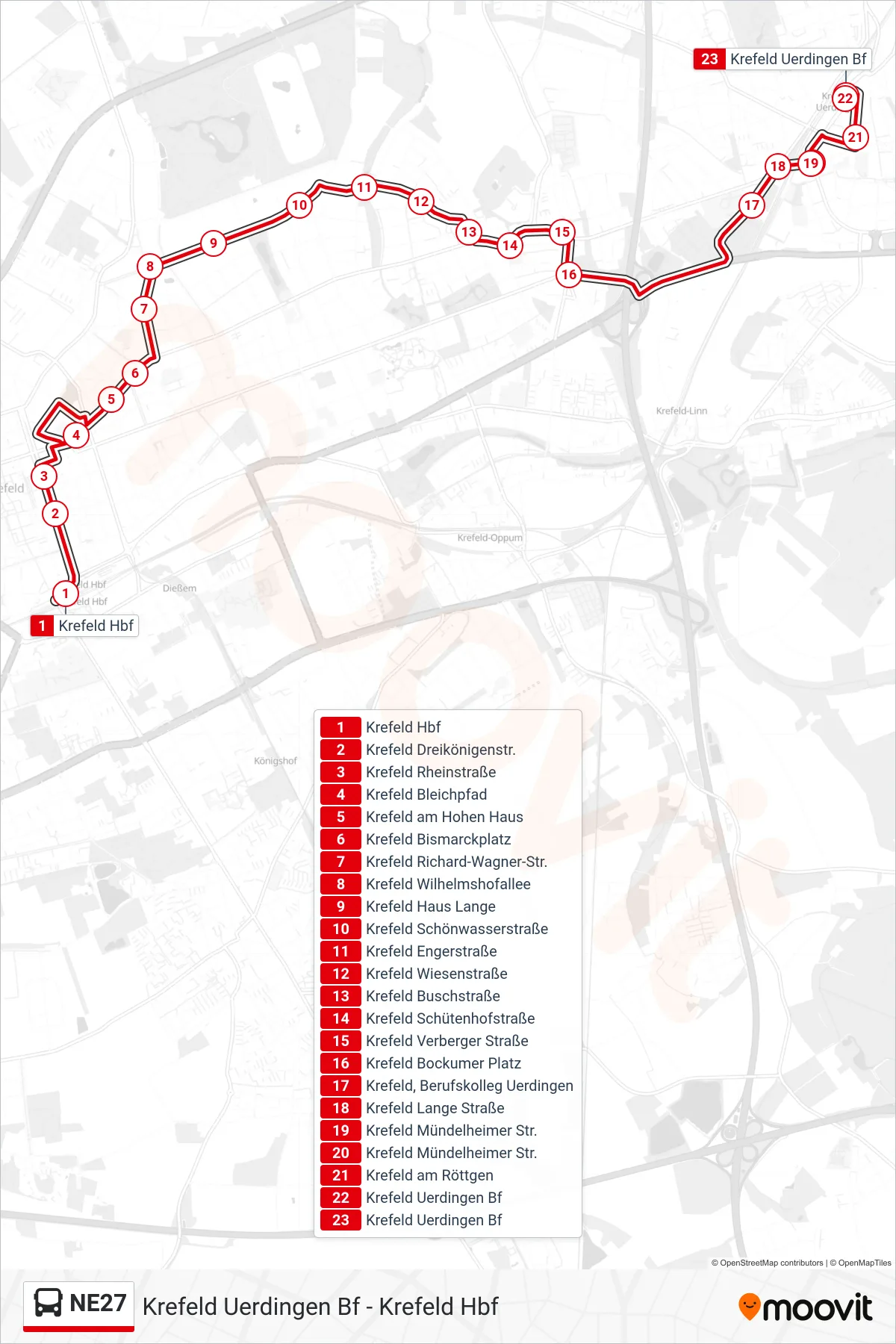 Linie NE27 (Bus) Richtung Krefeld Uerdingen Bf: Route und Haltestellen auf der Karte