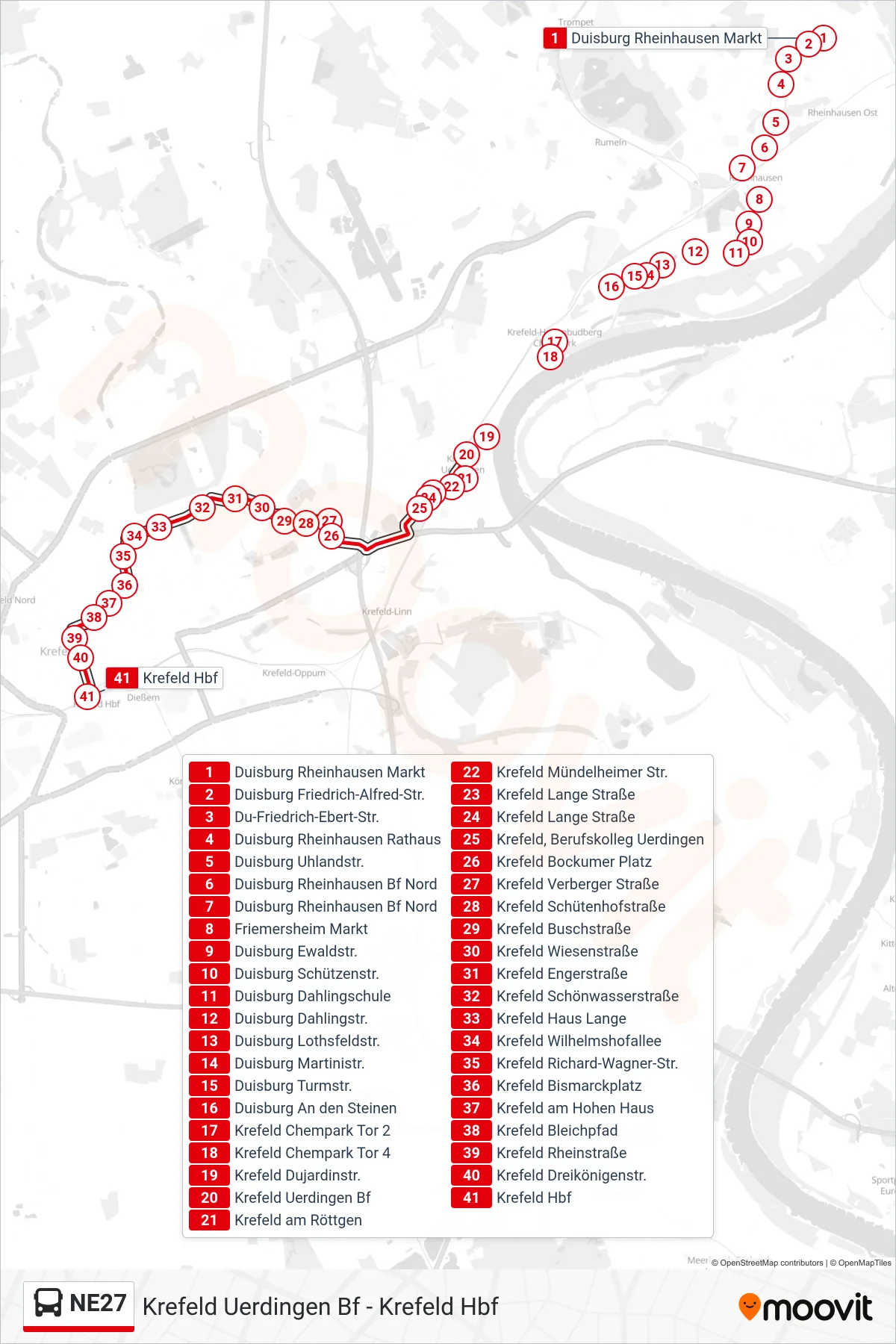 NE27 bus Line (Krefeld Hbf) route and stops on a map