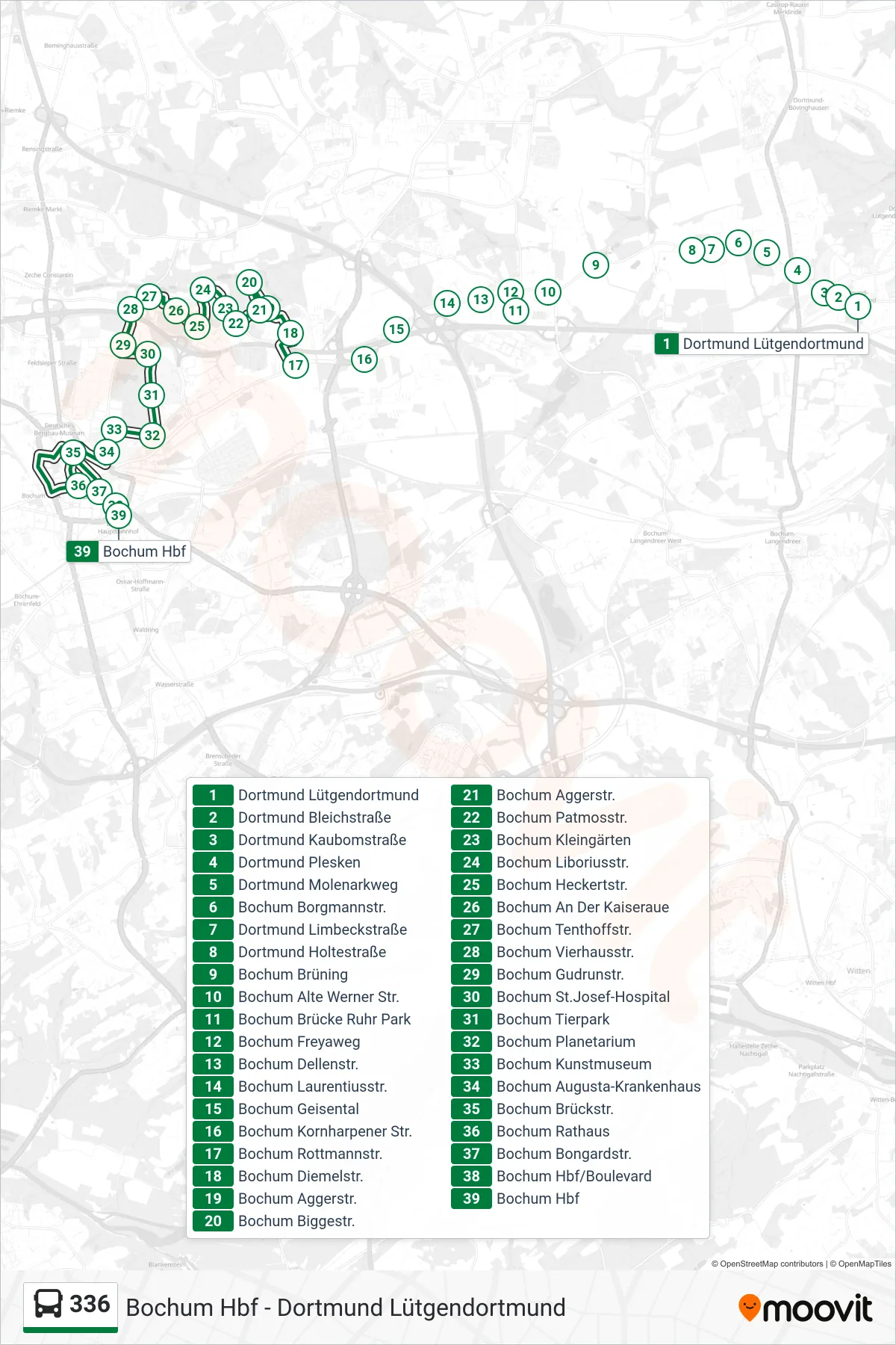 Linie 336 (Bus) Richtung Bochum Hbf: Route und Haltestellen auf der Karte