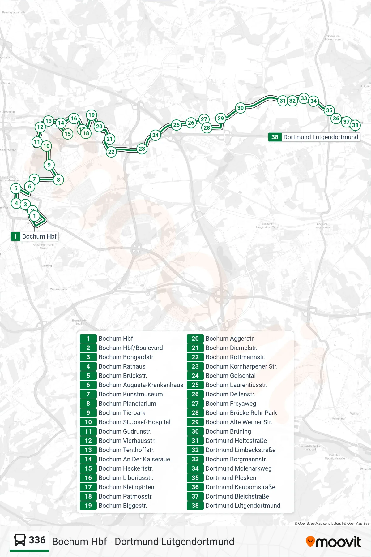 Linie 336 (Bus) Richtung Dortmund Lütgendortmund: Route und Haltestellen auf der Karte