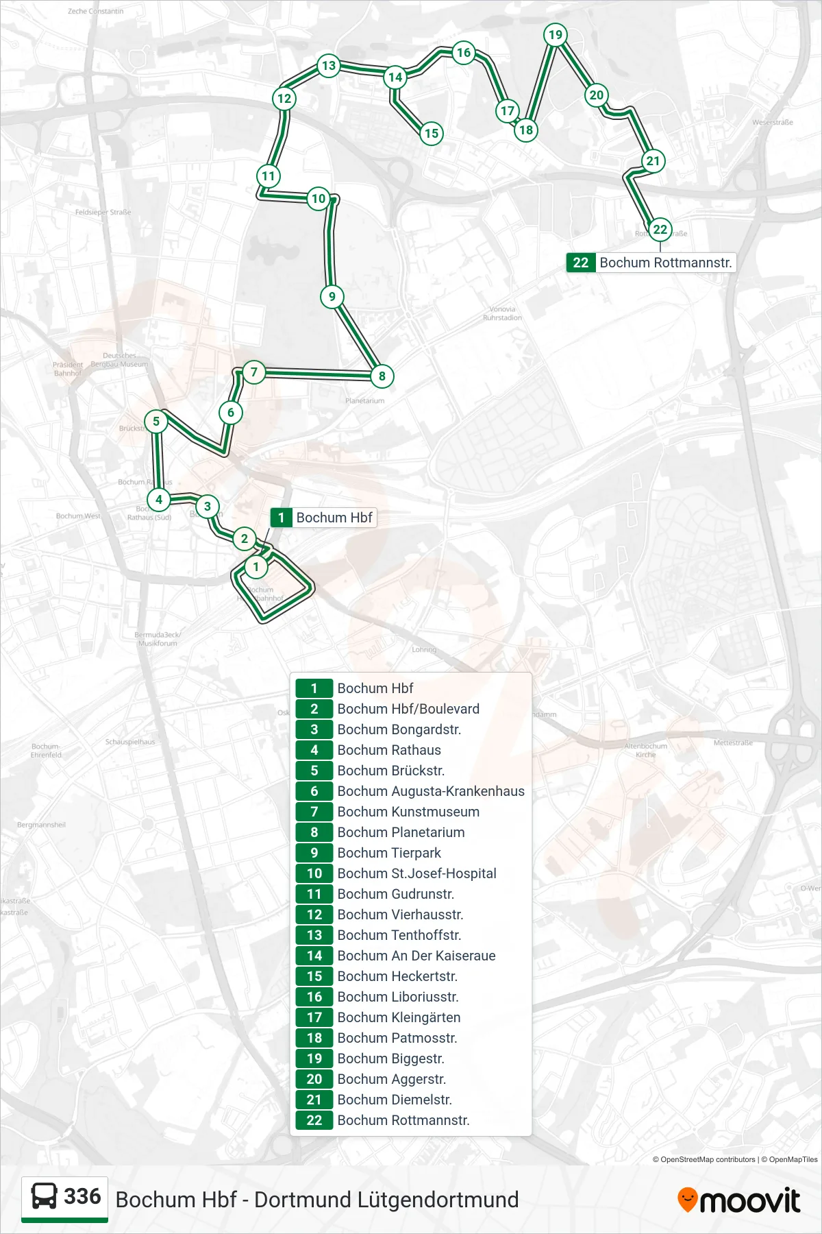 336 bus Line (Bochum Rottmannstr.) route and stops on a map