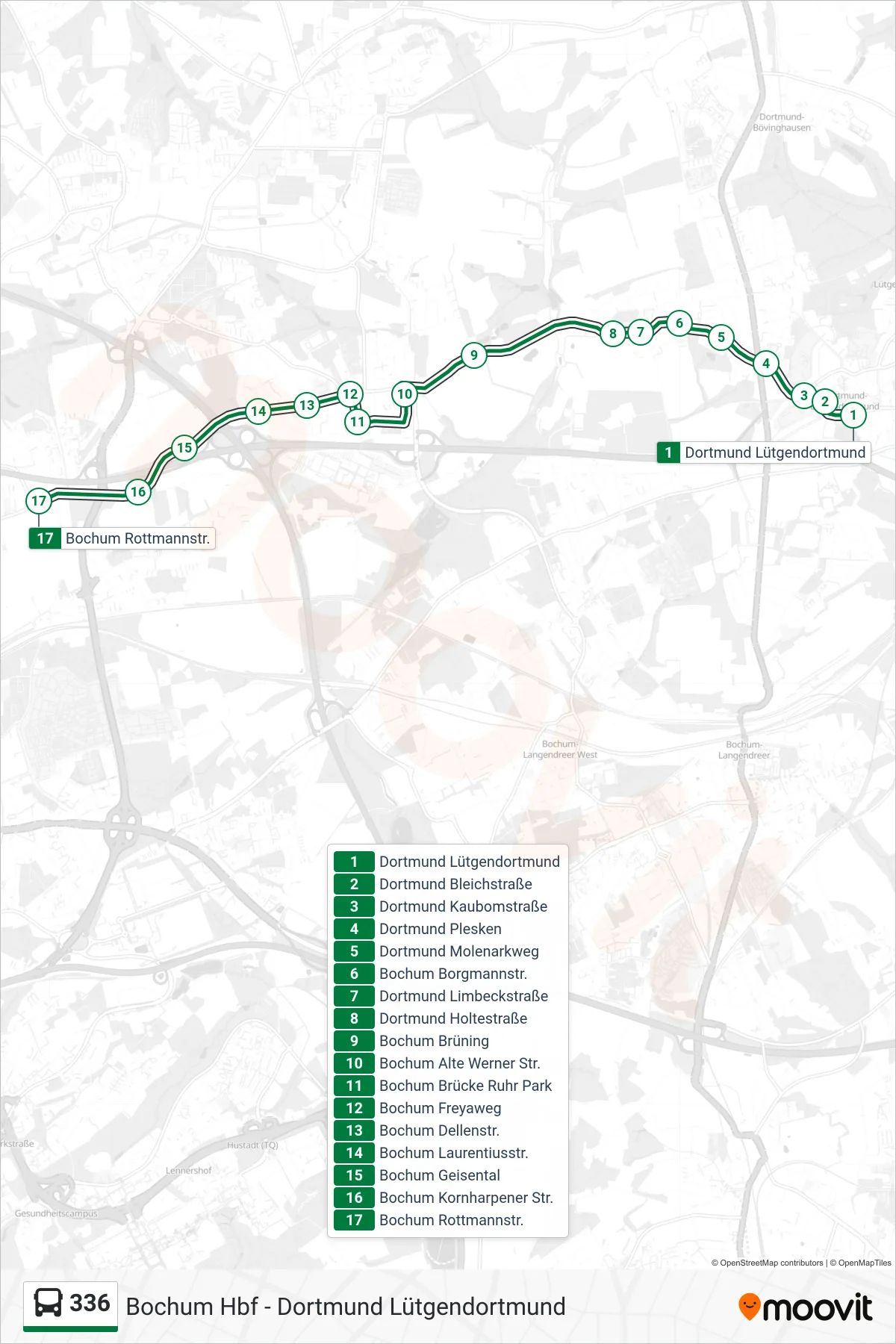 Linie 336 (Bus) Richtung Bochum Rottmannstr.: Route und Haltestellen auf der Karte