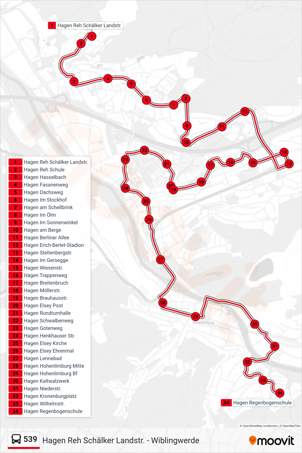 Linie 539 (Bus) Richtung Hagen Regenbogenschule: Route und Haltestellen auf der Karte