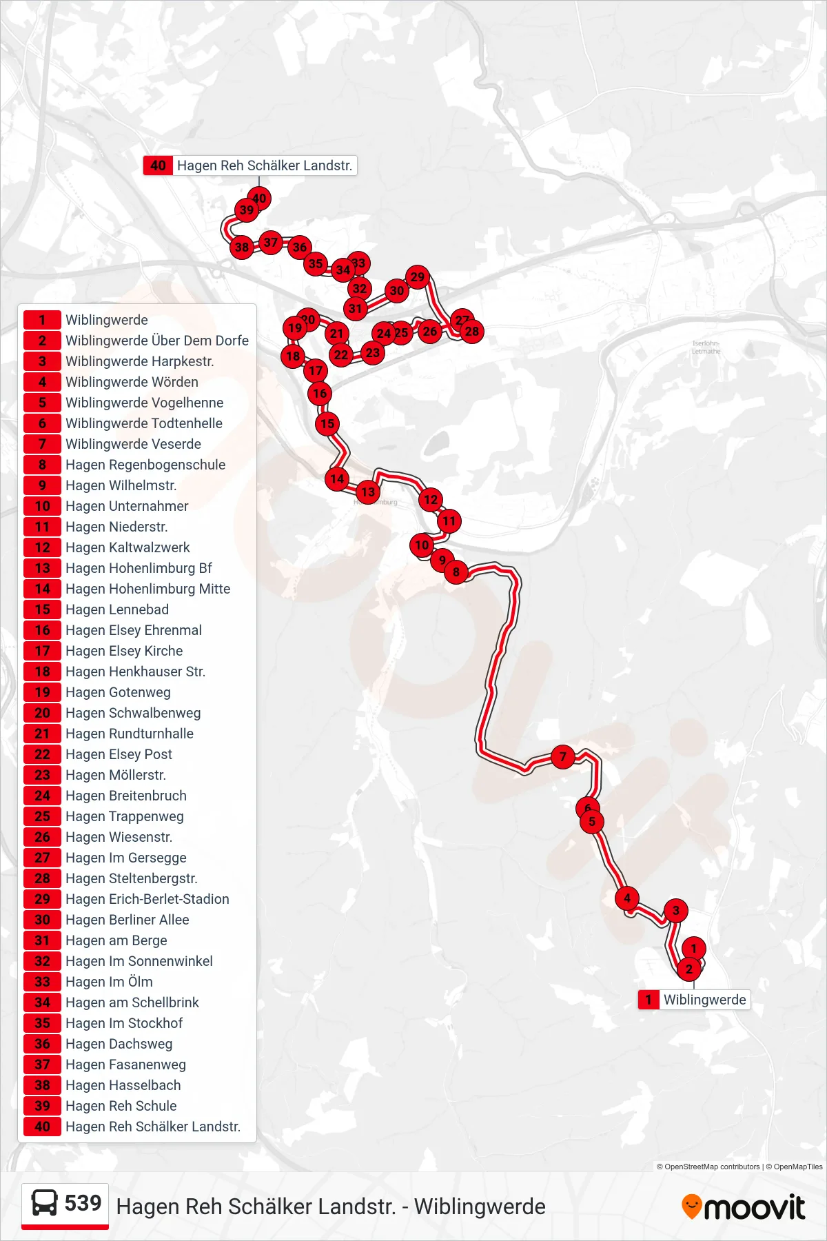 Linie 539 (Bus) Richtung Hagen Reh Schälker Landstr.: Route und Haltestellen auf der Karte