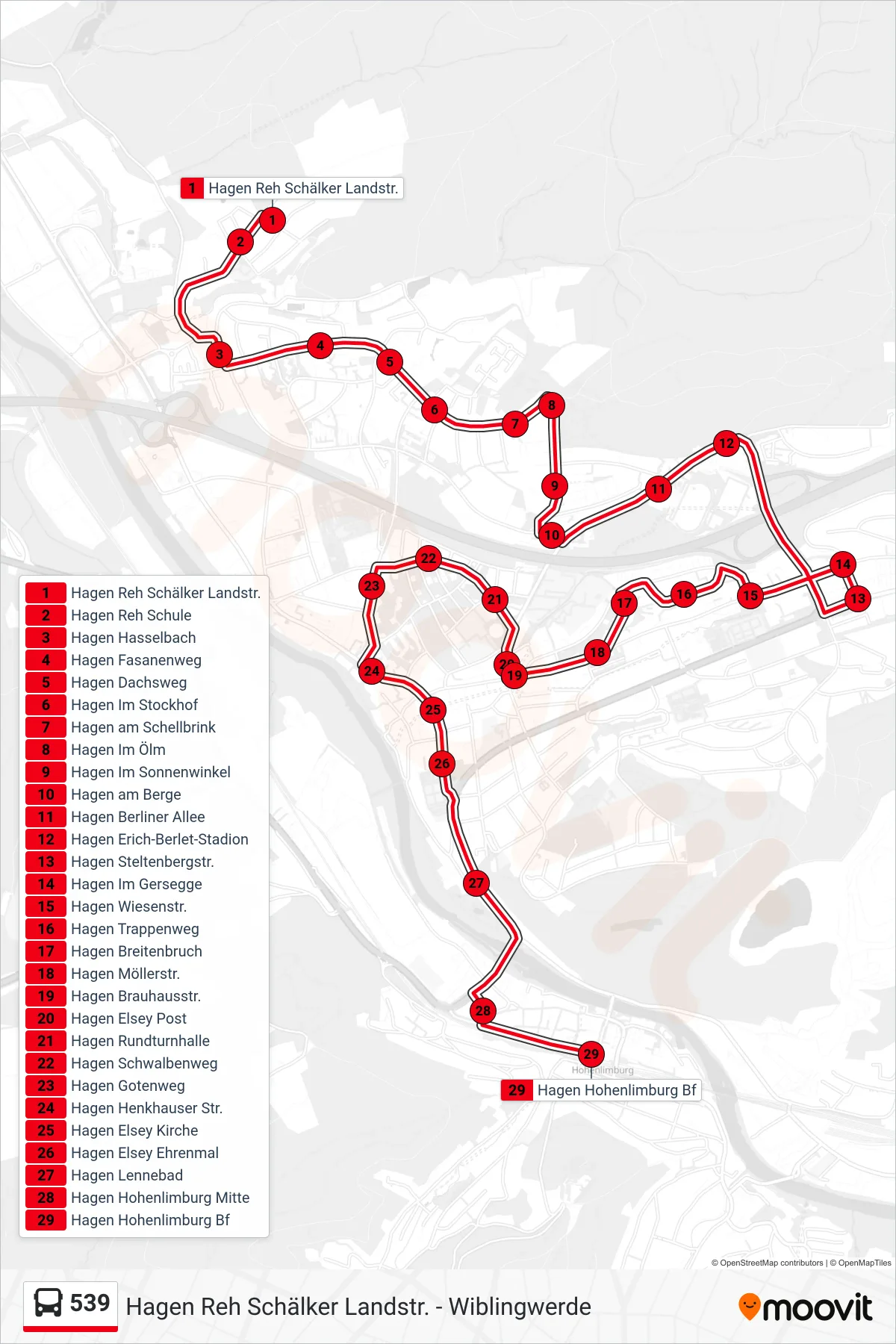 Linie 539 (Bus) Richtung Hagen Hohenlimburg Bf: Route und Haltestellen auf der Karte