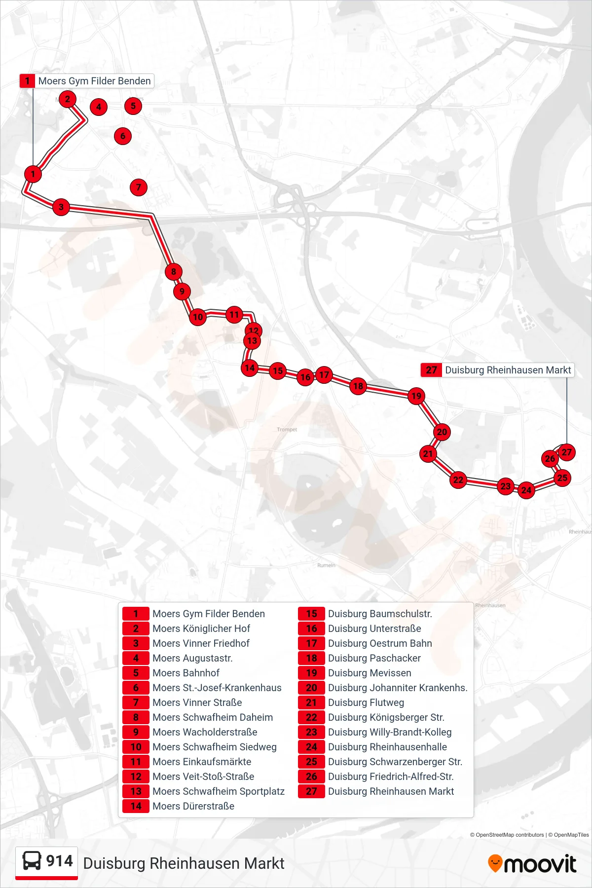 Linie 914 (Bus) Richtung Duisburg Rheinhausen Markt: Route und Haltestellen auf der Karte