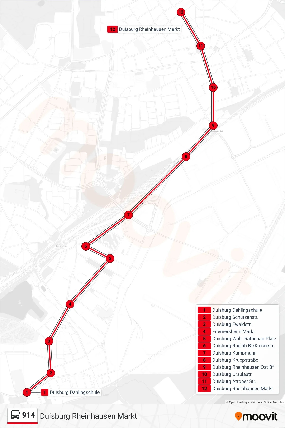 Linie 914 (Bus) Richtung Duisburg Rheinhausen Markt: Route und Haltestellen auf der Karte