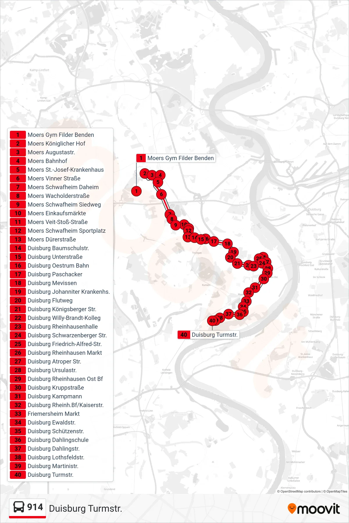 Linie 914 (Bus) Richtung Duisburg Turmstr.: Route und Haltestellen auf der Karte