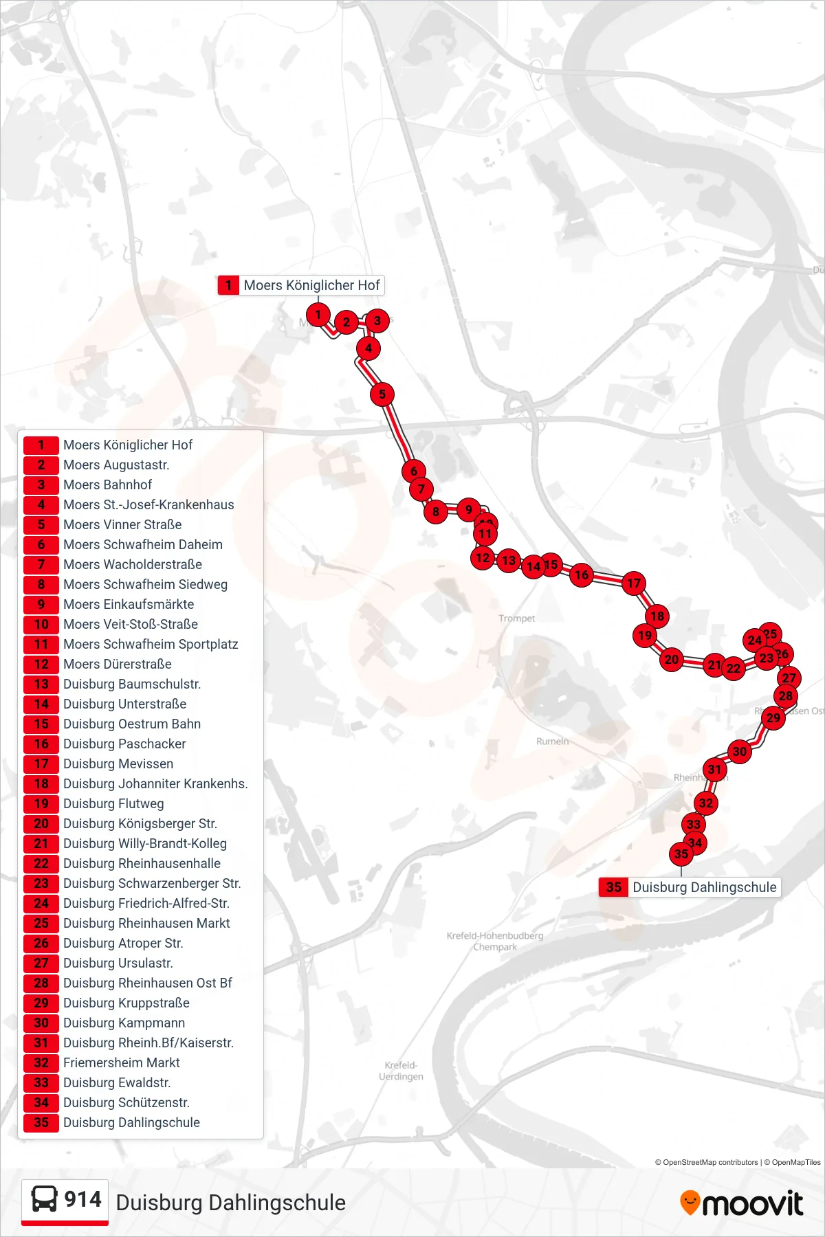 Linie 914 (Bus) Richtung Duisburg Dahlingschule: Route und Haltestellen auf der Karte