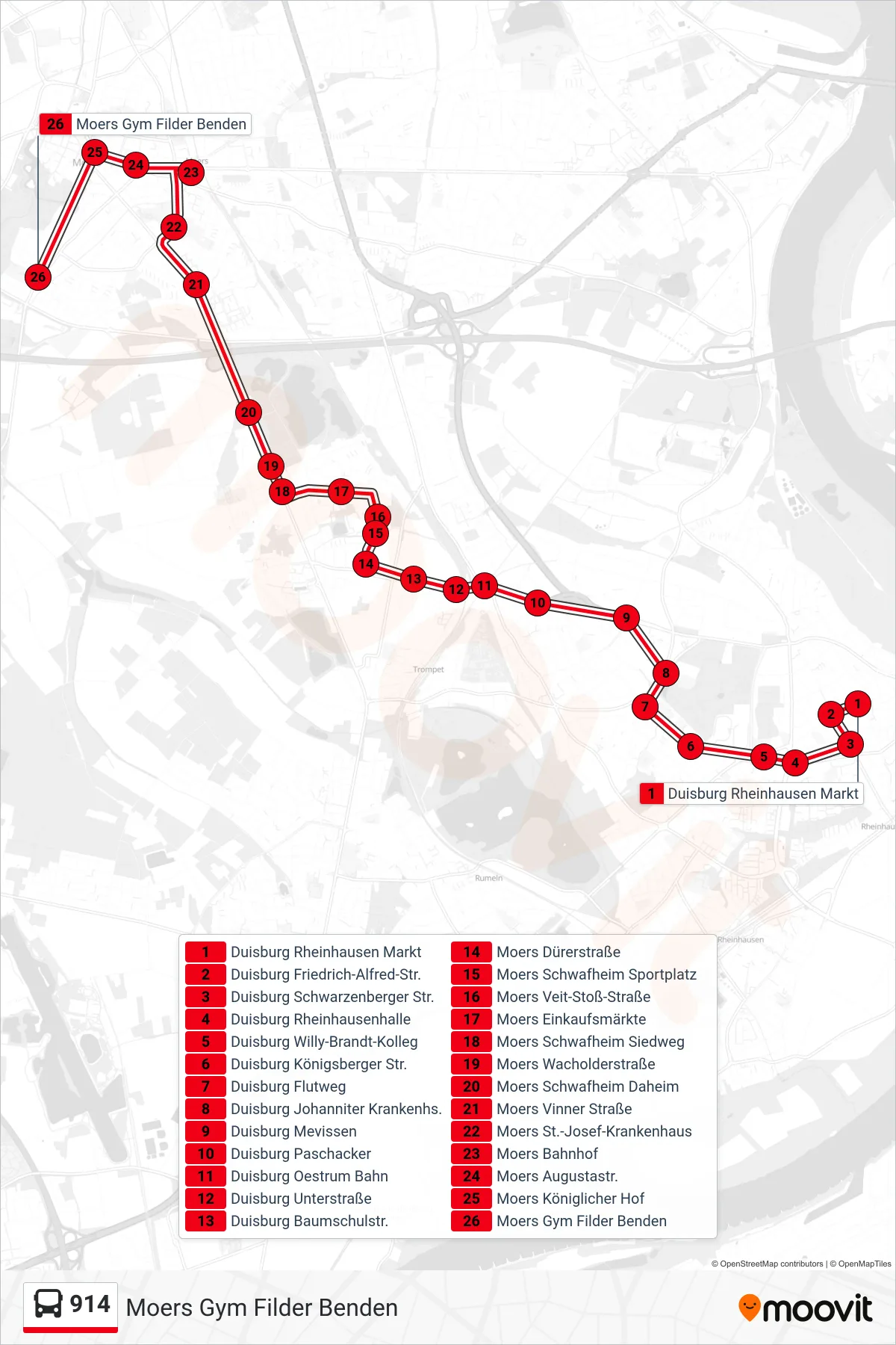 914 bus Line (Moers Gym Filder Benden) route and stops on a map