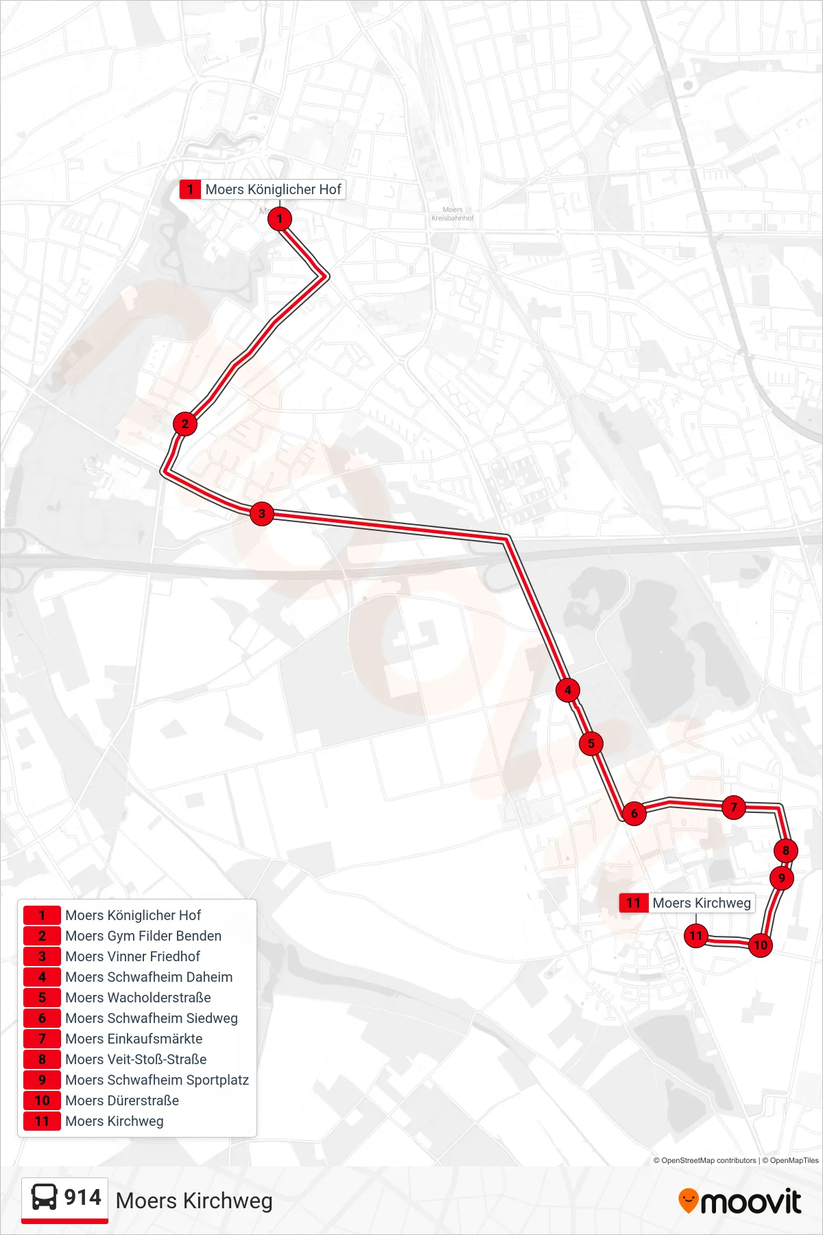 914 bus Line (Moers Kirchweg) route and stops on a map