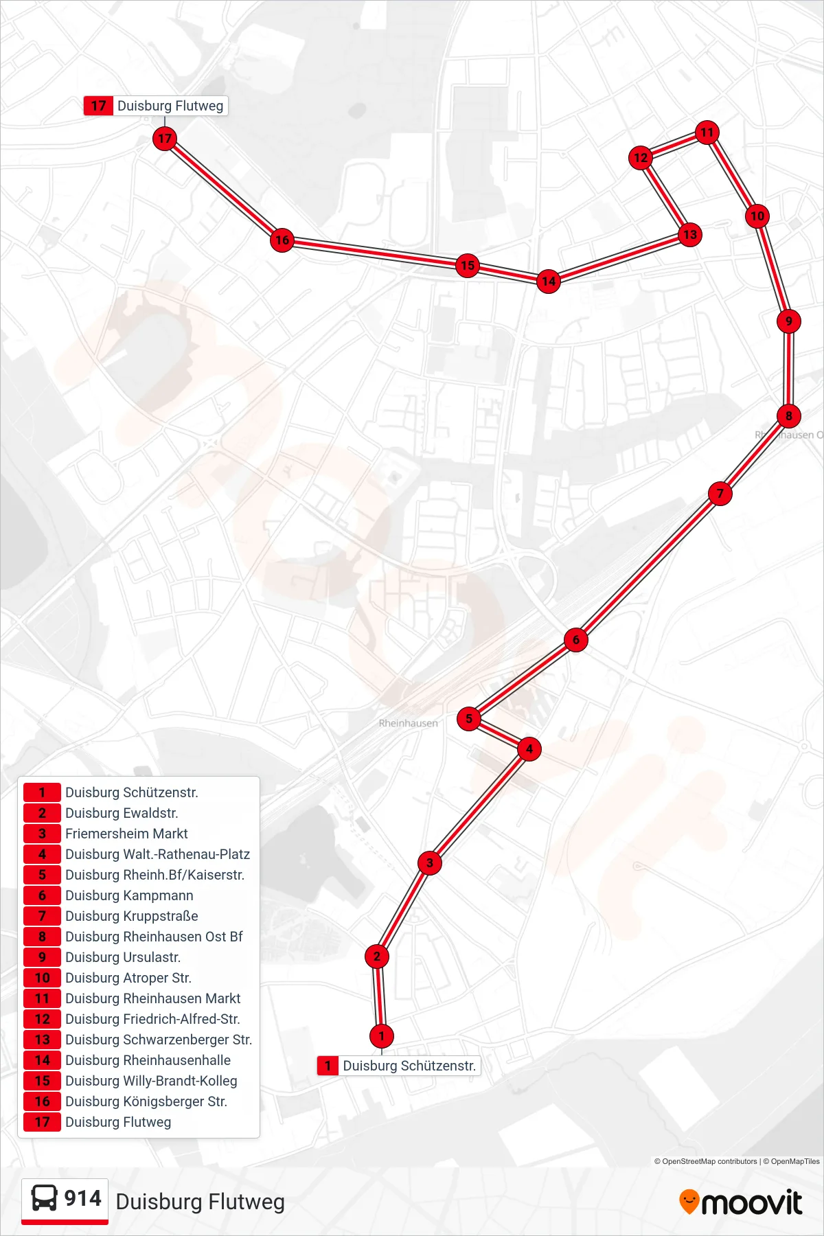 Linie 914 (Bus) Richtung Duisburg Flutweg: Route und Haltestellen auf der Karte