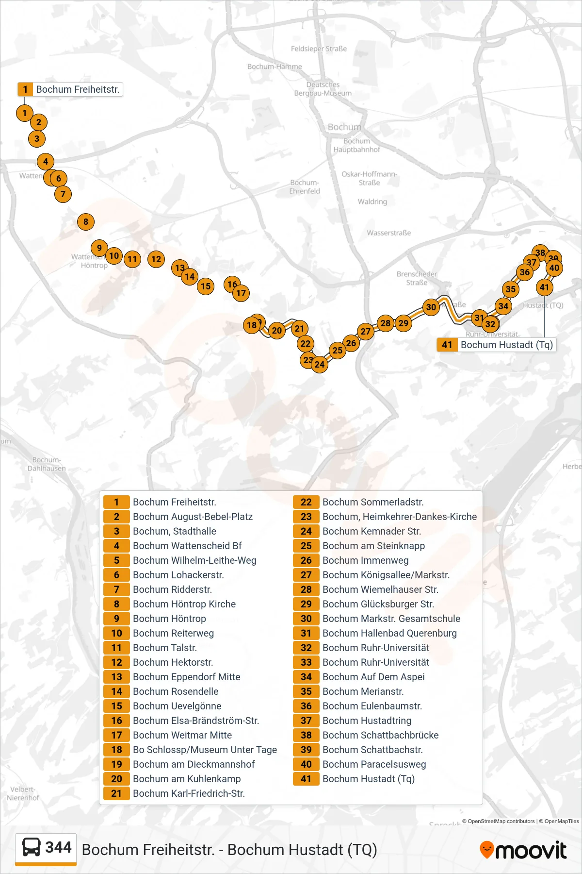 344 bus Line (Bochum Hustadt (Tq)) route and stops on a map