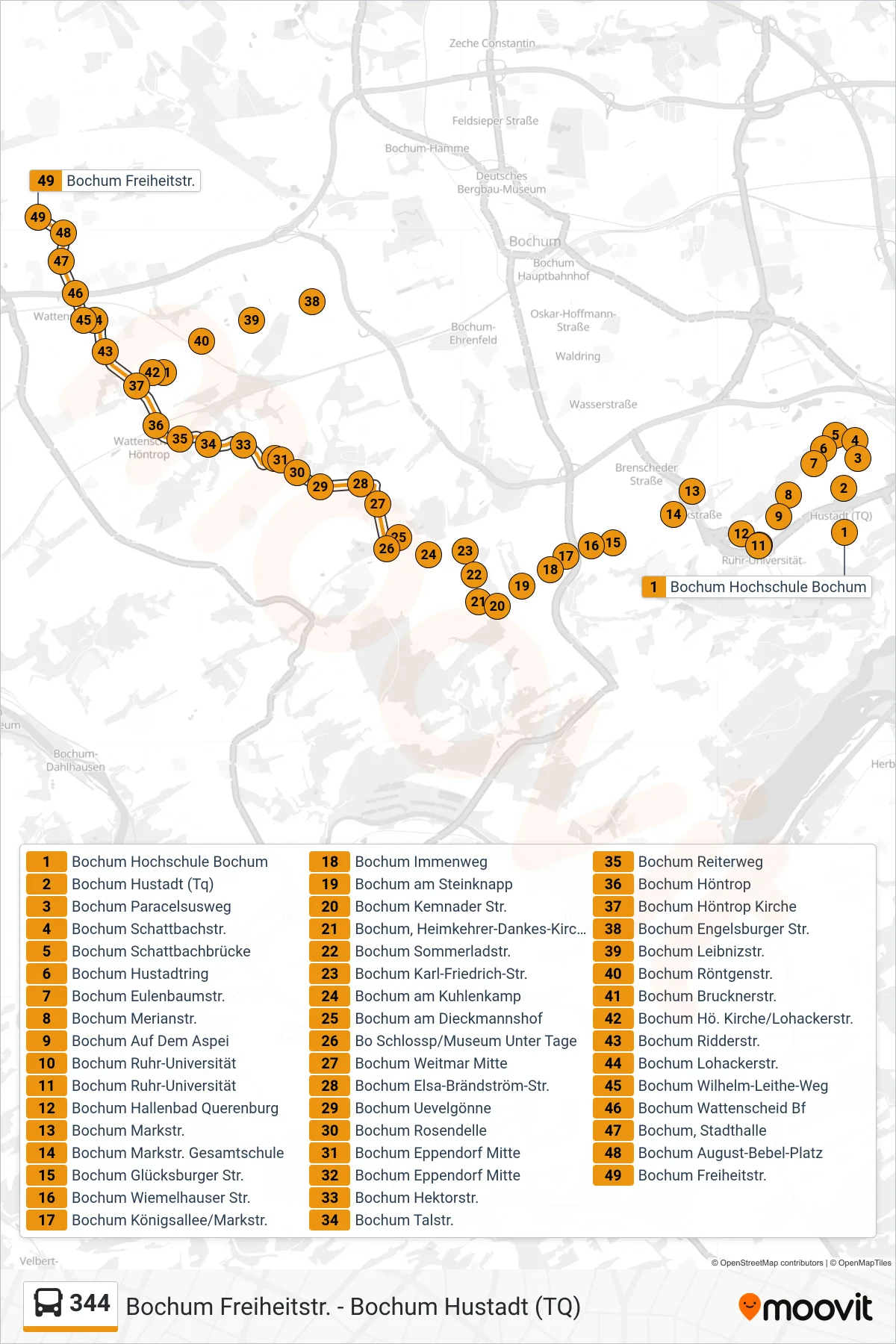 Linie 344 (Bus) Richtung Bochum Freiheitstr.: Route und Haltestellen auf der Karte