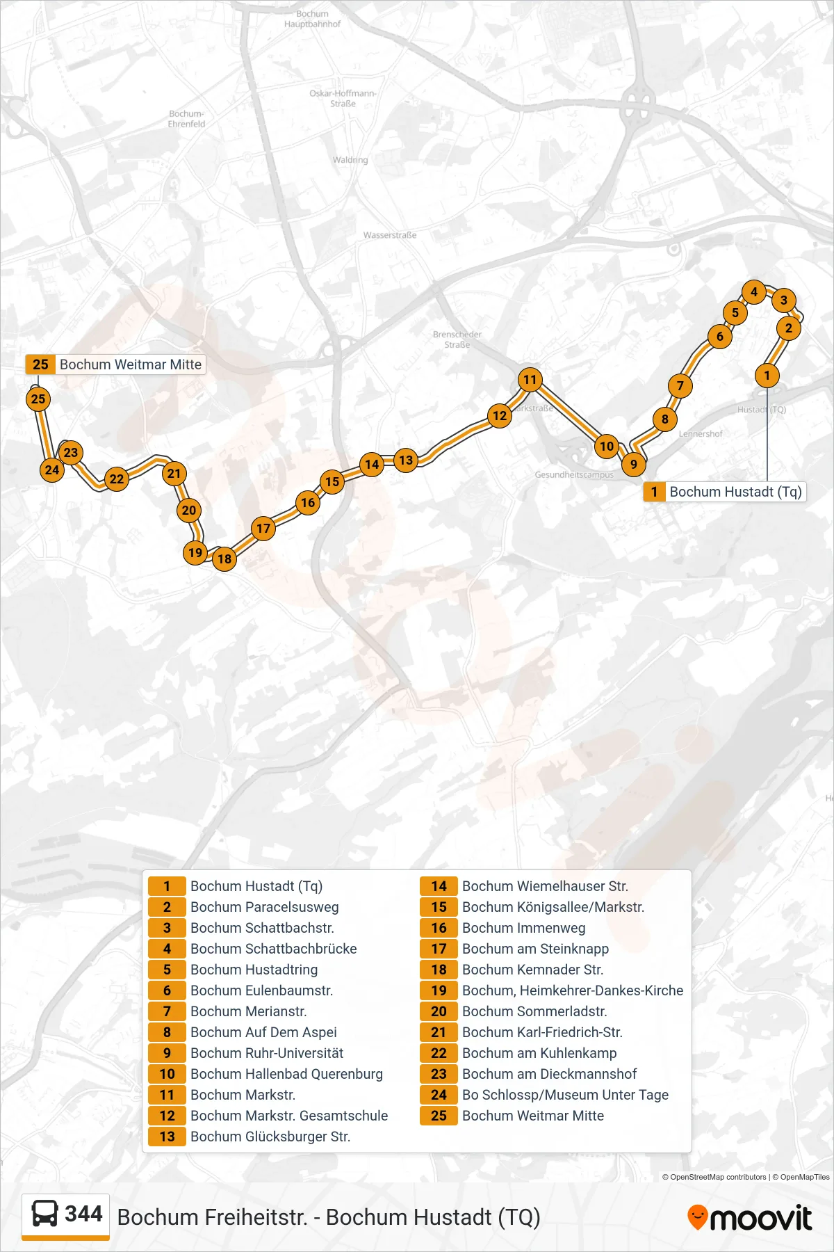 Linie 344 (Bus) Richtung Bochum Weitmar Mitte: Route und Haltestellen auf der Karte