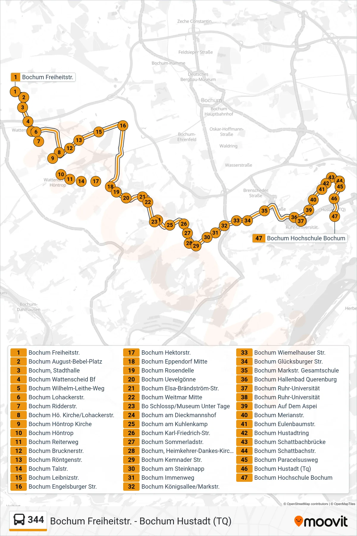 344 bus Line (Bochum Hochschule Bochum) route and stops on a map