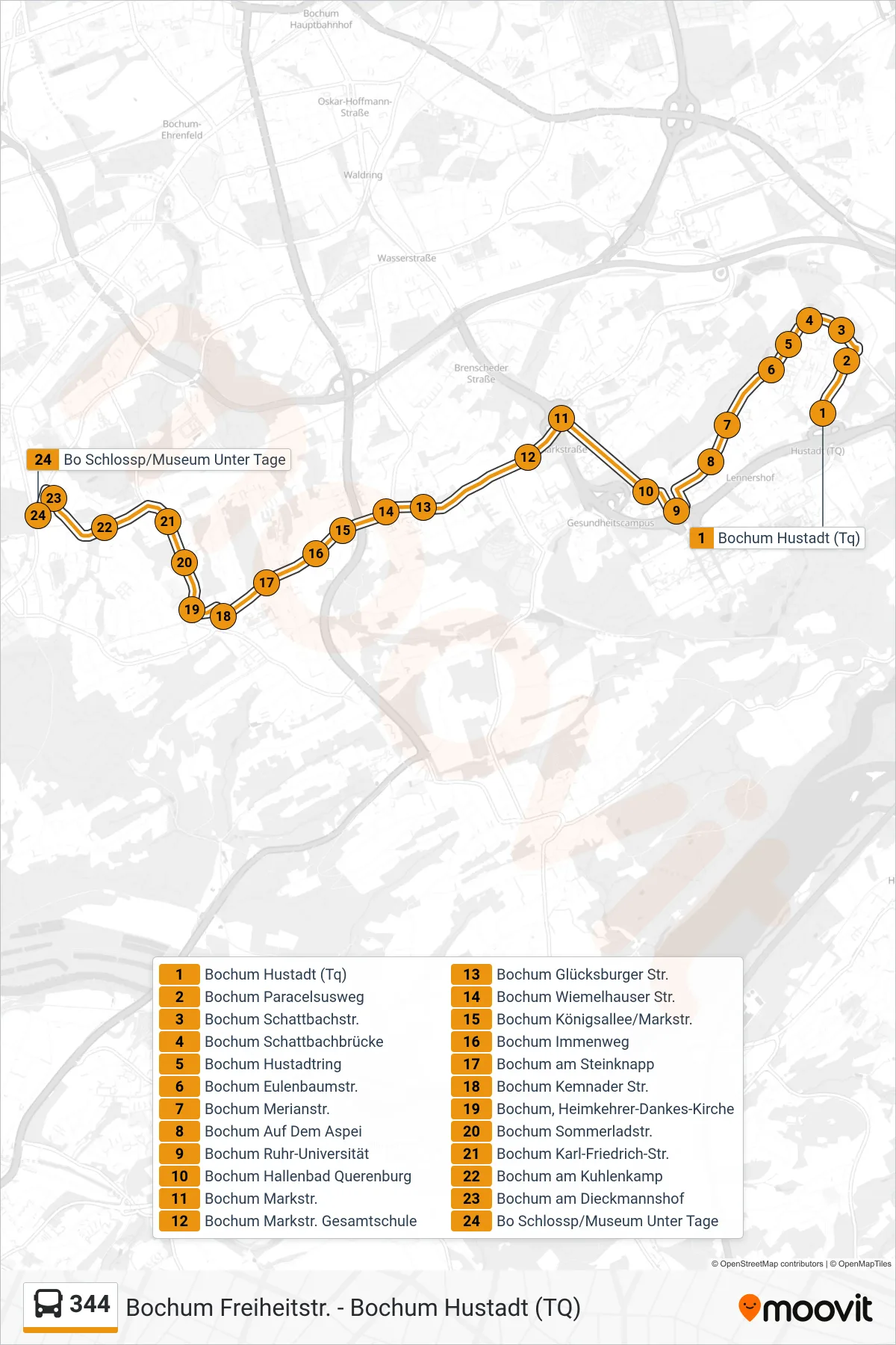 344 bus Line (Bo Schlossp/Museum Unter Tage) route and stops on a map