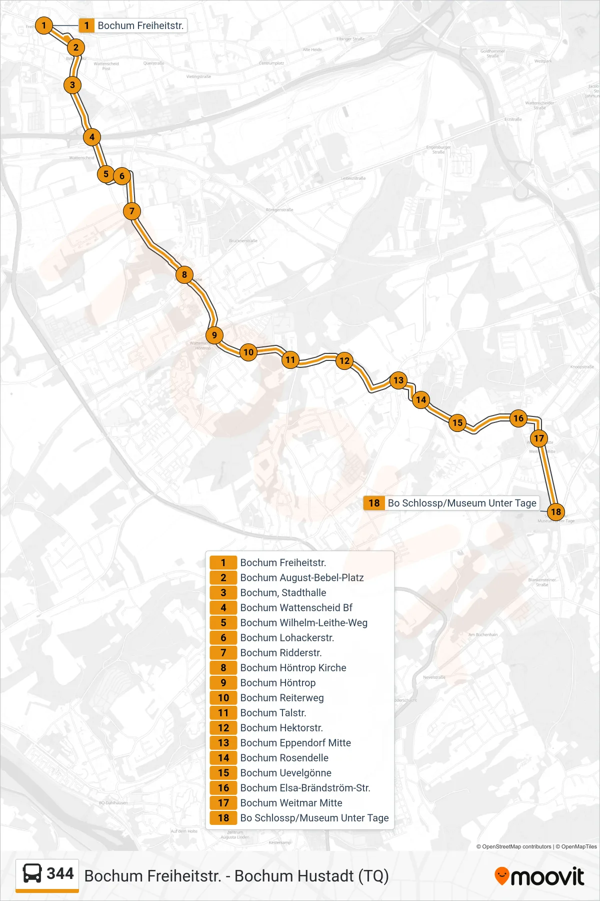 344 bus Line (Bo Schlossp/Museum Unter Tage) route and stops on a map
