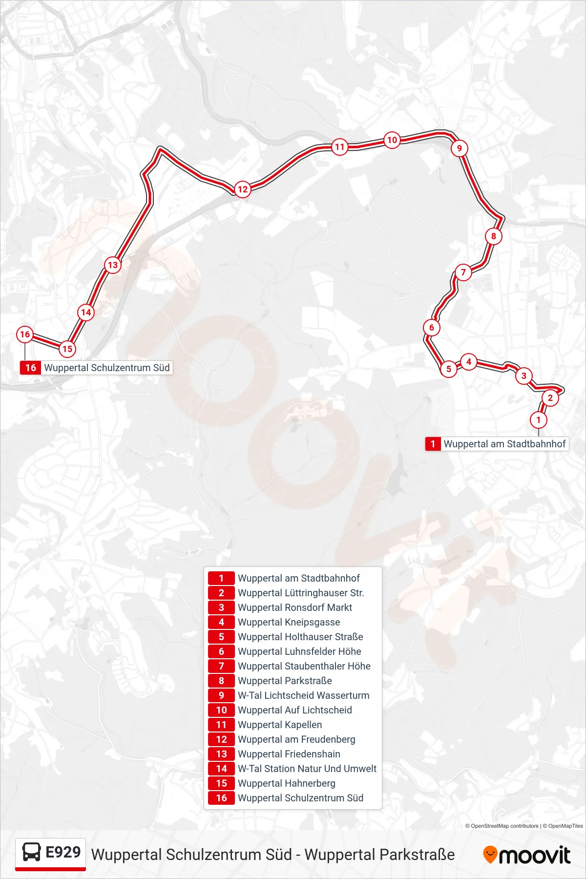 Linie E929 (Bus) Richtung Wuppertal Schulzentrum Süd: Route und Haltestellen auf der Karte